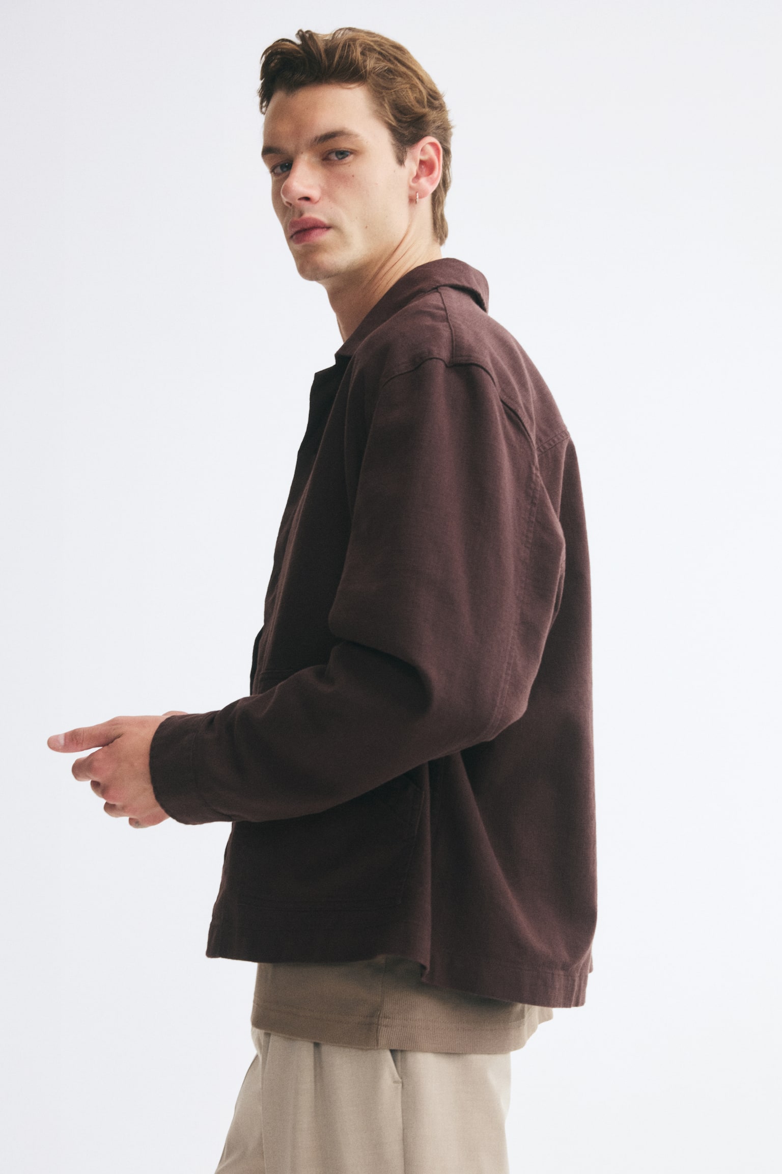 Мужская рубашка H&M Cotton Resort Overshirt, цвет: Тёмный коричневый — фото 5