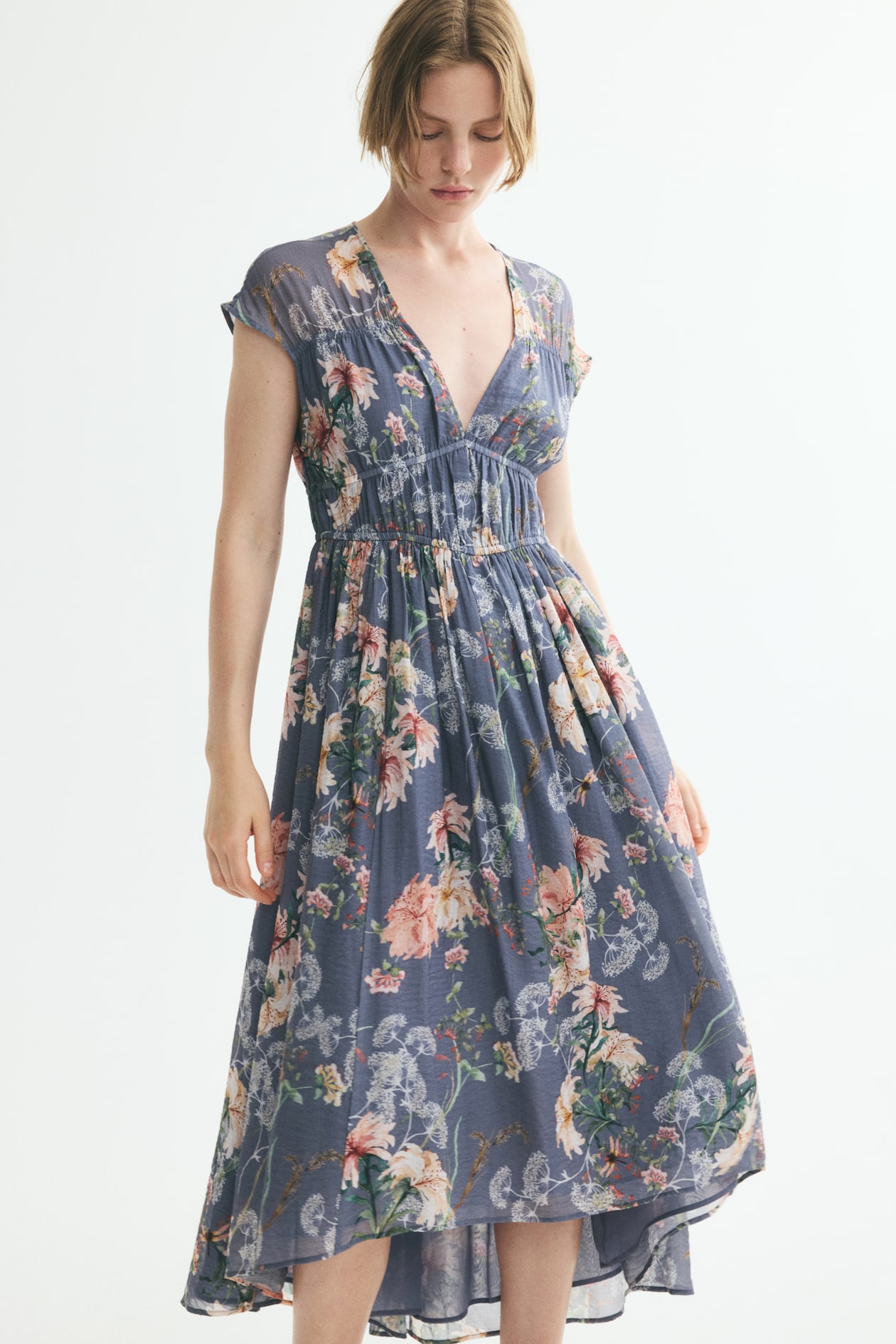knee length dress h&m H&M Conscious Wildflower Tie Back Dress Green Floral Meadow size L 16 18