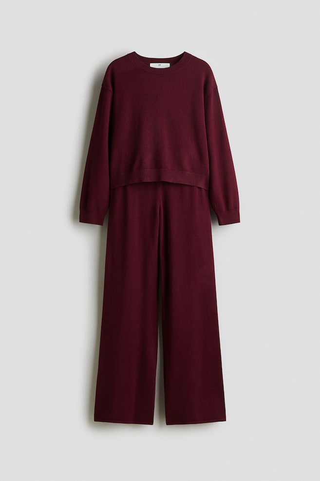 Ensemble 2 pièces en fin tricot - Rouge foncé/Gris clair/Beige clair chiné - 1