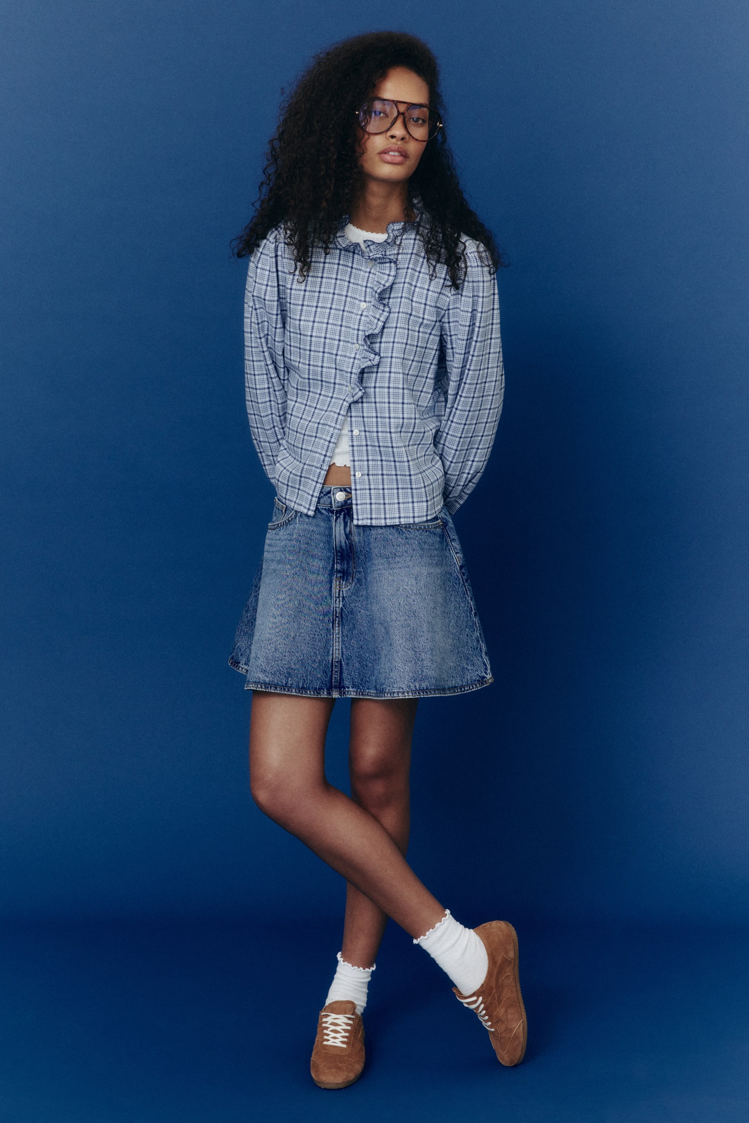 Frill-collared cotton blouse - Light blue/Checked/Light pink/White - 7