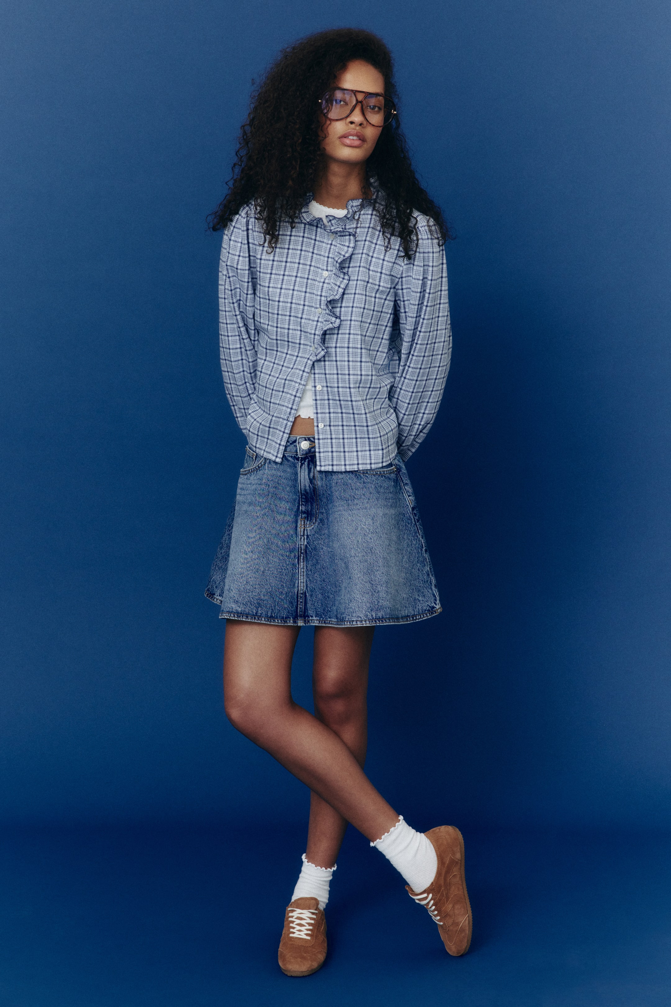 View larger image: Frill-collared cotton blouse - Light blue/Checked - Ladies | H&M IN 3