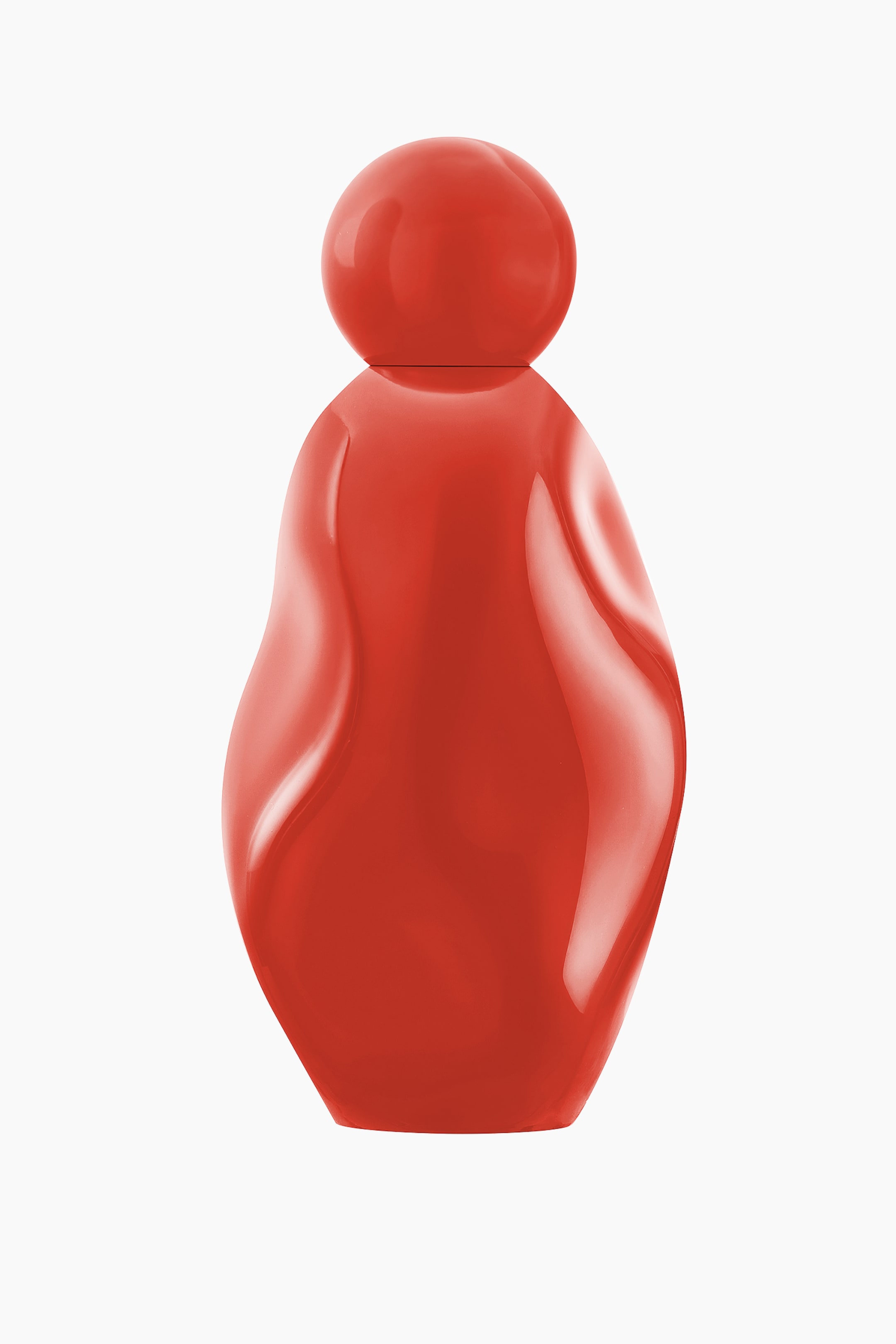 Visa större bild: En röd, glansig flaska visas framifrån och har ett sfäriskt lock samt en organiskt formad kropp med böljande kurvor.