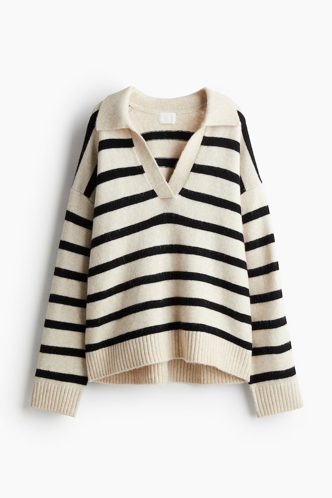 Fine-knit collared jumper - Cream/Striped/Black/Beige striped/Cream/Dark brown - 1