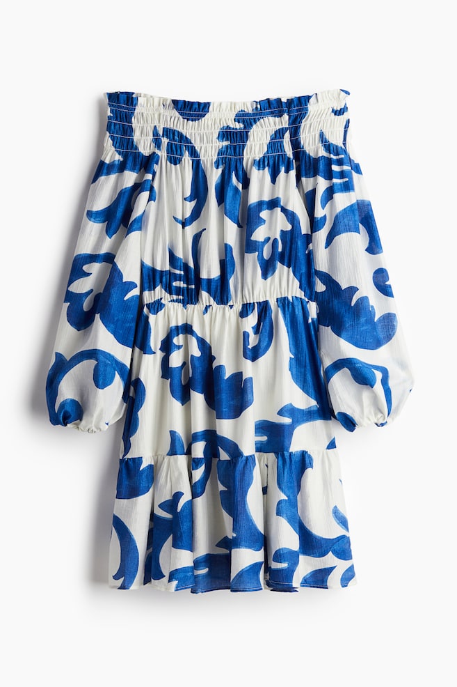 Off-the-shoulder dress - White/Blue patterned/Black - 1