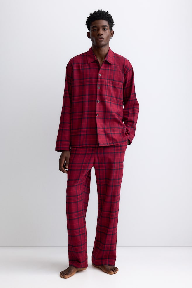 Flannel pyjama shirt and bottoms - Red/Checked - 1