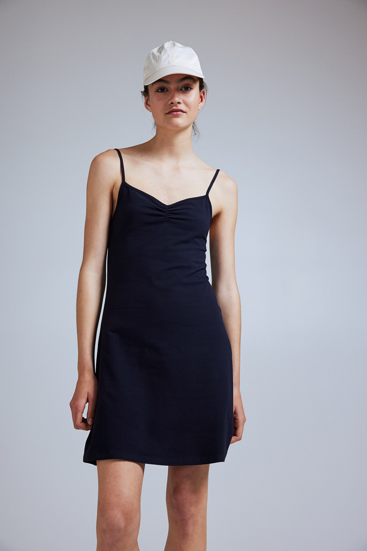 Flared-skirt strappy dress - Navy blue/Light beige - 3