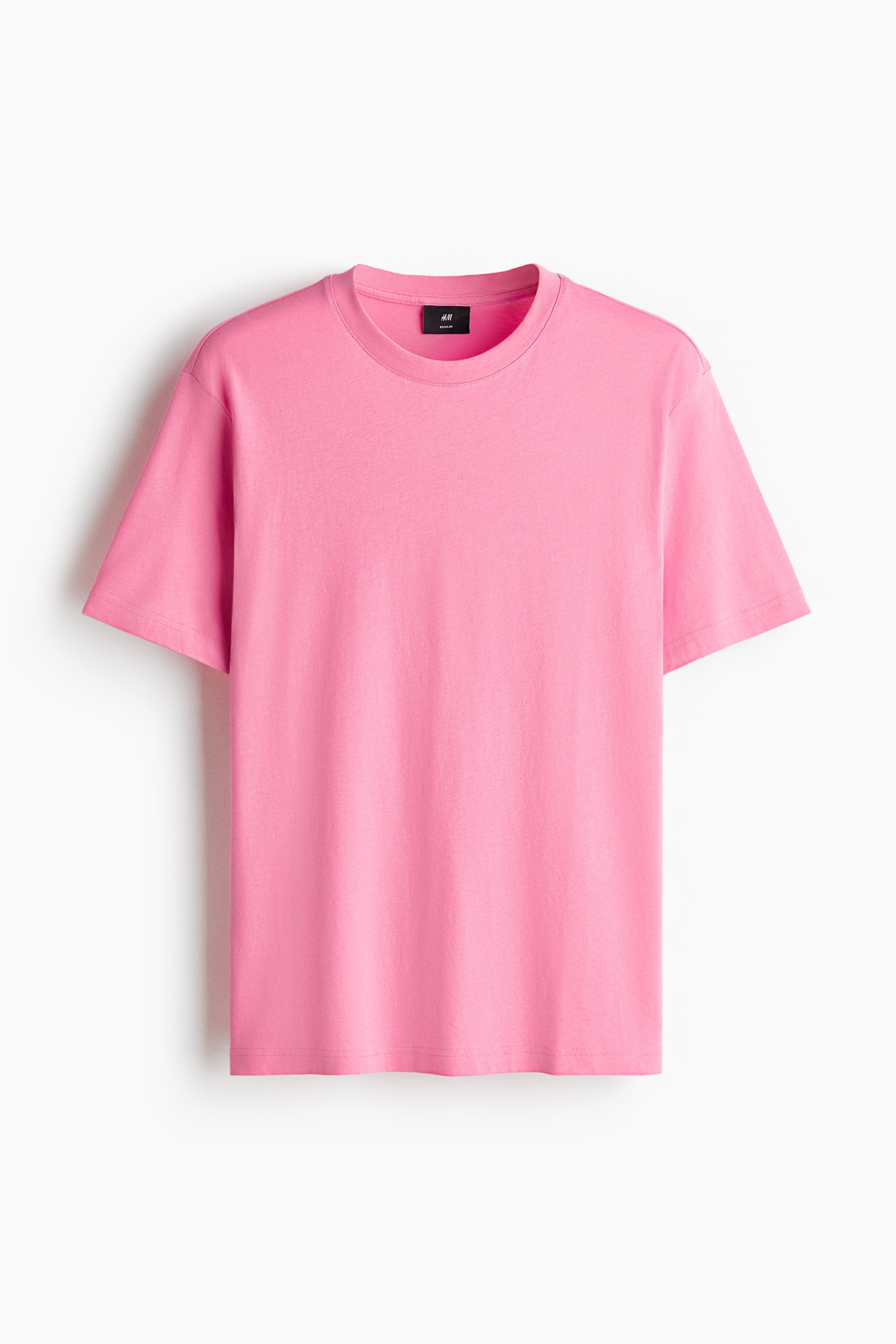 View larger image: A pink T-shirt is displaying its FRONT, featuring a round, rib-trimmed neckline, short sleeves, a straight-cut hem, and a regular fit in a jersey knit texture.