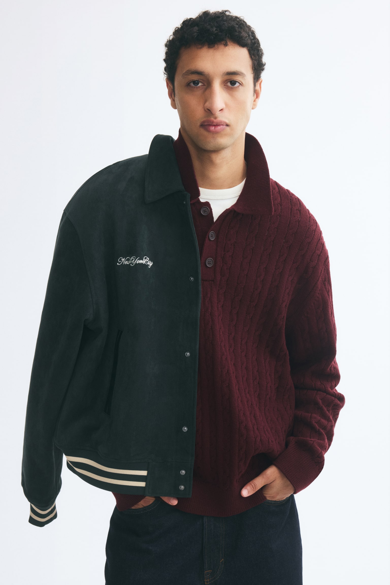 Мужской свитер H&M Relaxed-Fit Cable-Knit Polo, цвет: Бордовый — фото 6