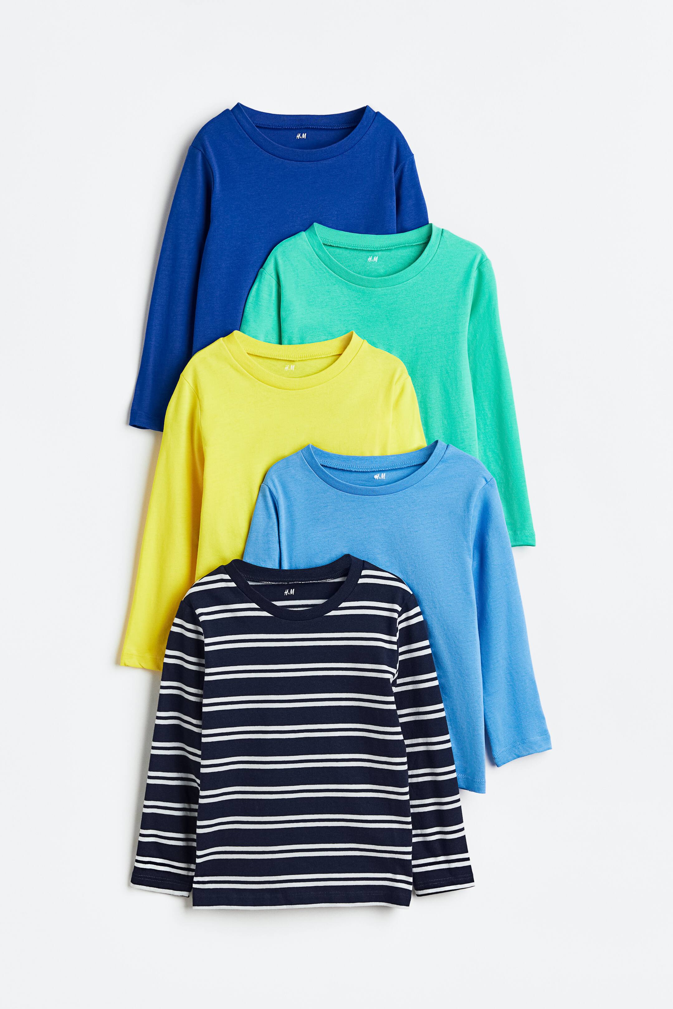 View larger image: 5-pack Long-sleeved T-shirts - Dark blue/turquoise/yellow - Kids | H&M US 1