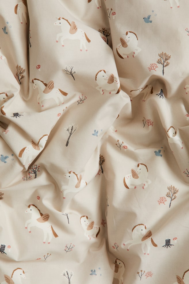 Patterned cotton duvet cover set - Light beige/Unicorns - 2