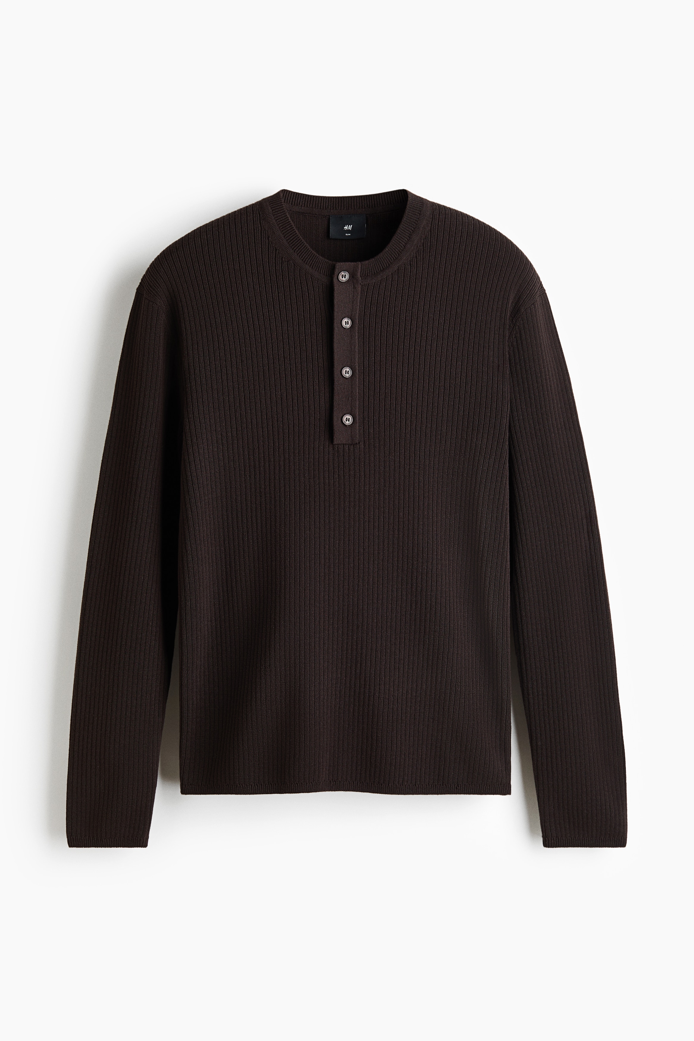 Žebrovaný top henley Slim Fit - Tmavě hnědá/Černá