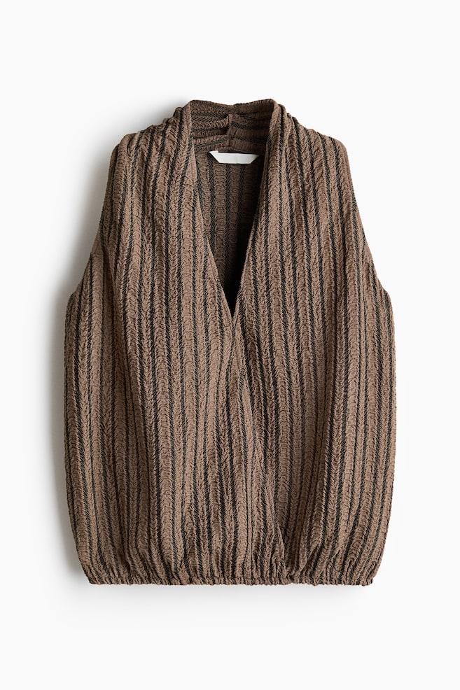 Crinkled V-Neck Top - Dark taupe/striped - 1