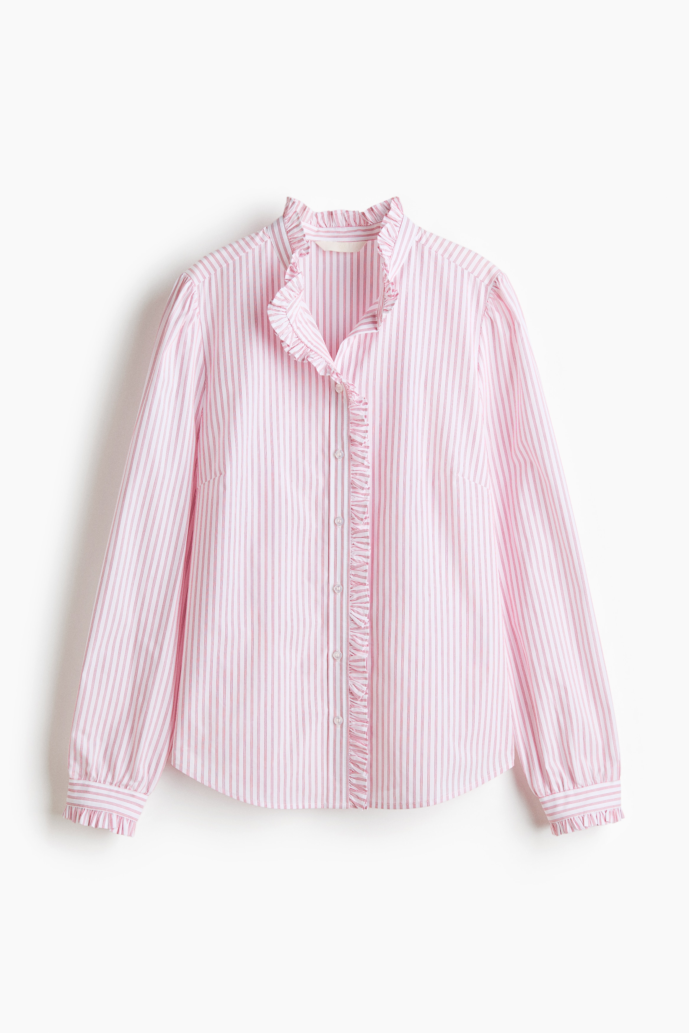 Ruffle-Trimmed Poplin Blouse - White/red striped/Light pink