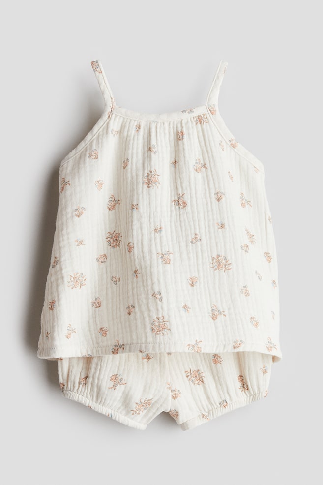 2-piece cotton muslin set - Cream/Floral/Light dusty pink - 1