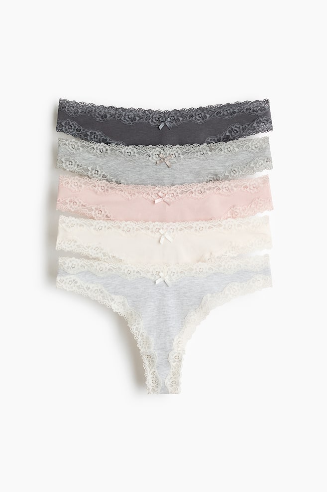 Pack de 5 bragas Brazilian de algodón y encaje - Gris claro jaspeado/Rosa claro/Crema/Azul marino/Floral/Marrón oscuro/Beige claro/Beige/Estampado de leopardo/Amarillo claro/Rosa de antaño/Azul empolvado/Crema/Azul oscuro/Crema floral - 1