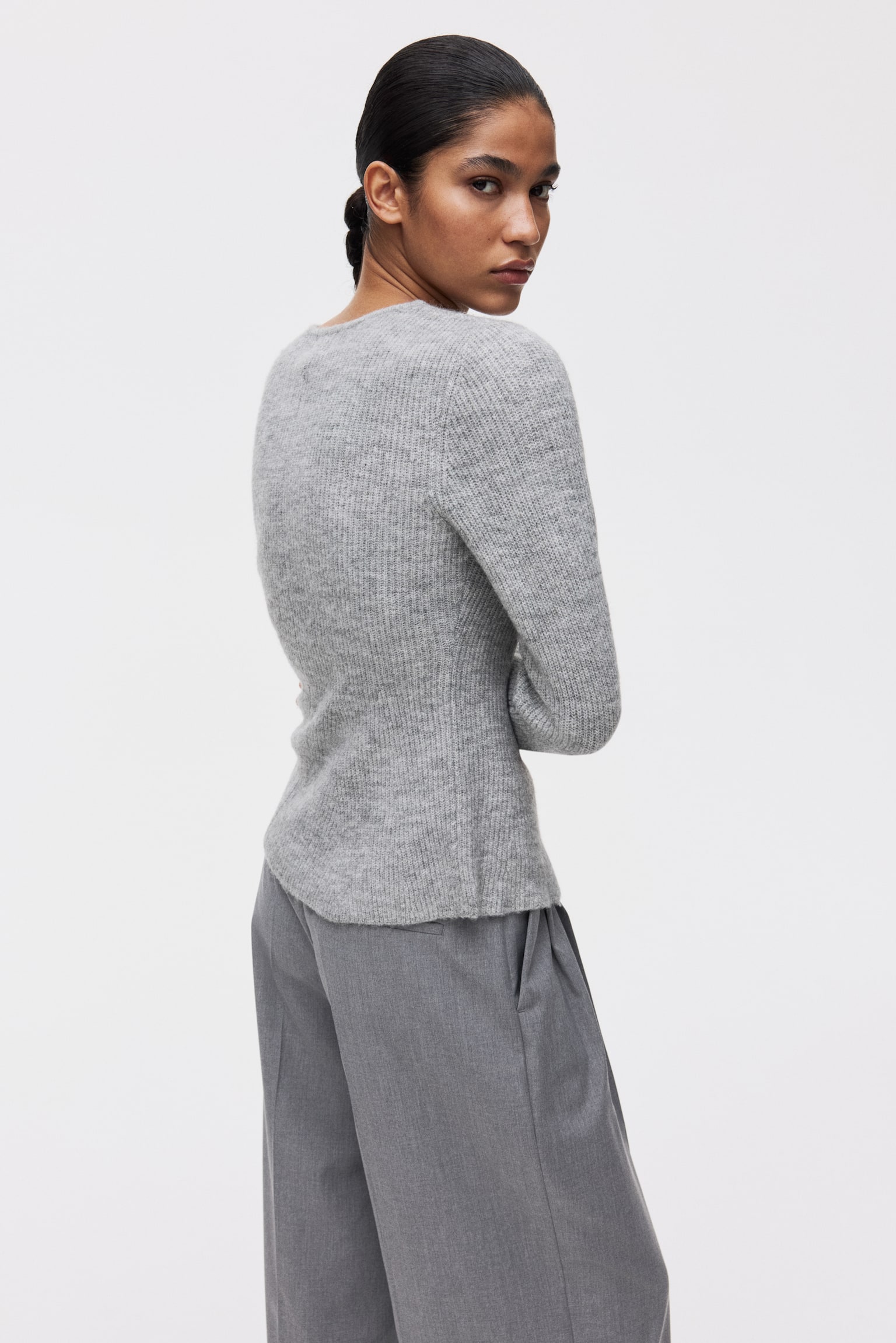 リブニットペプラムカーディガン - ライトグレーメランジ/ダークカーキグリーン/ブラック - 5