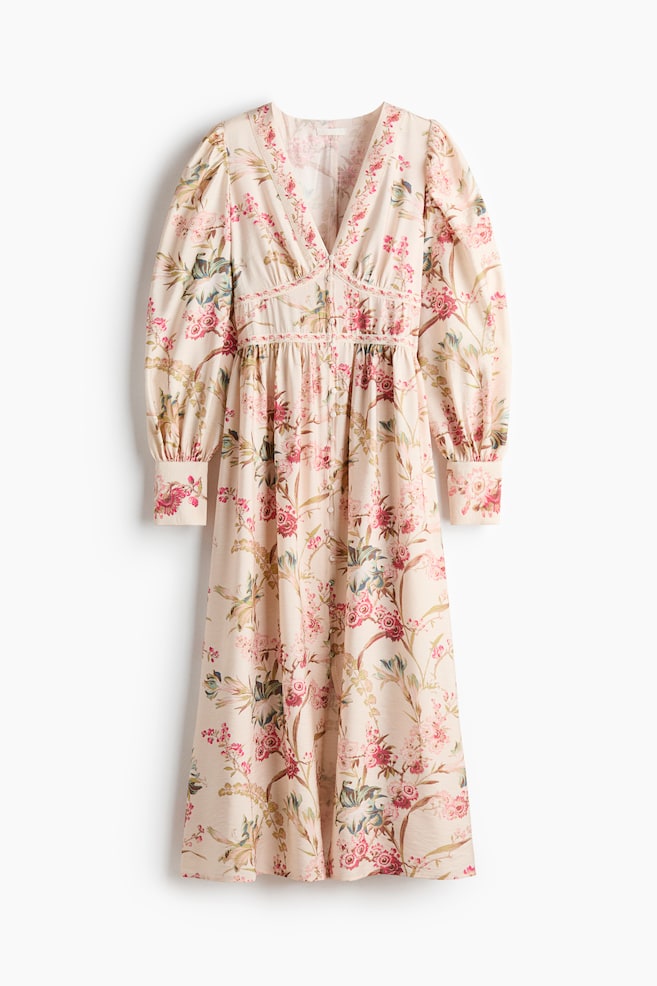 Button Front Viscose Blend Dress - Light beige/Floral - 1