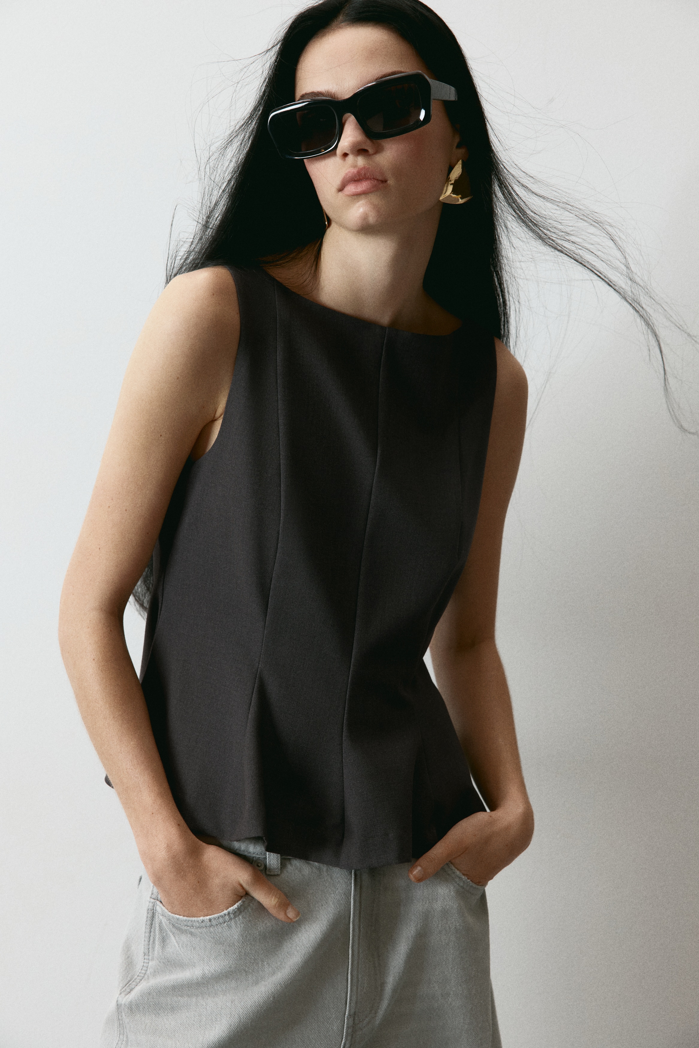 Tailored peplum top - Dark grey/Black