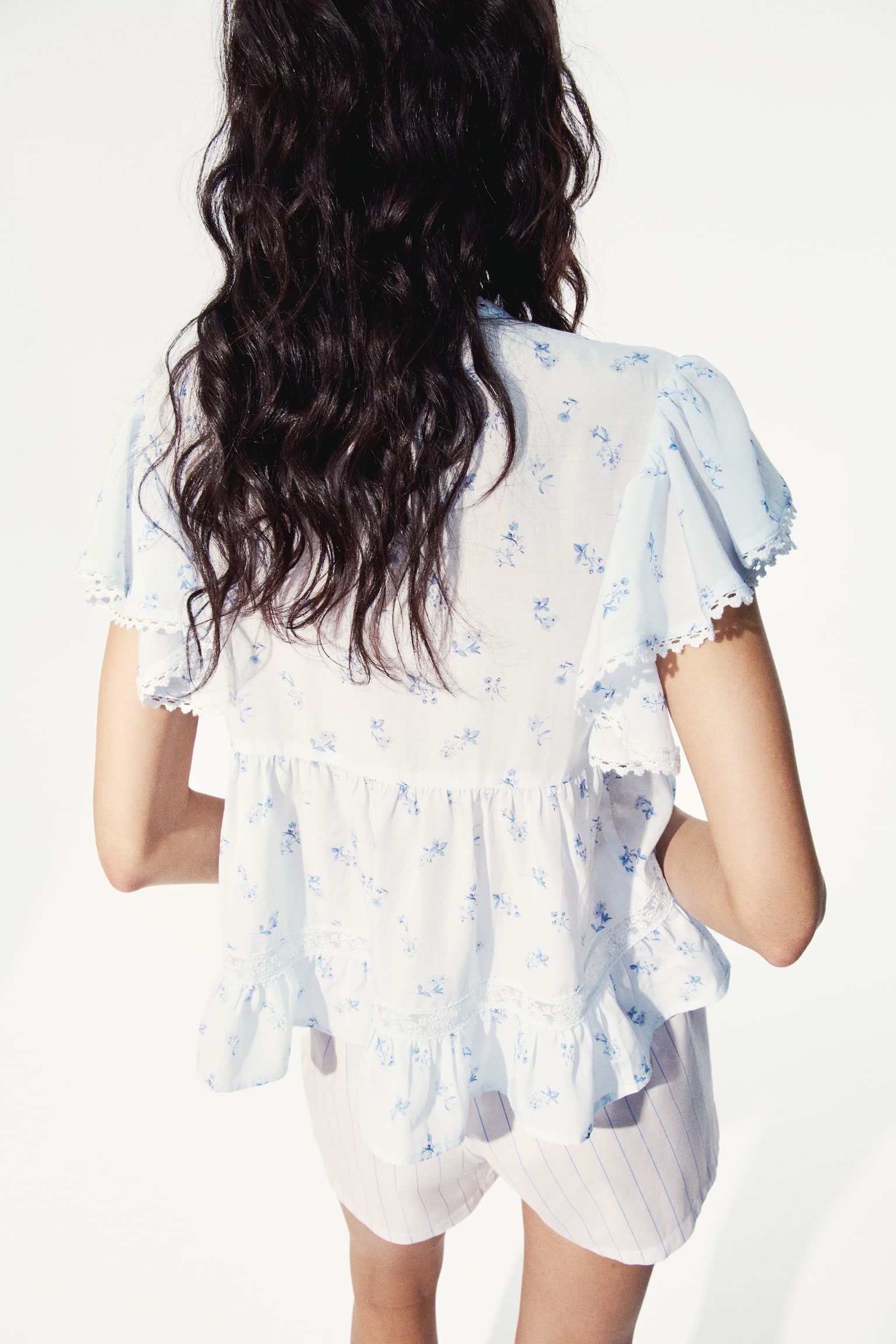 Lace-Inset Blouse - Light blue/floral/Yellow/Light peach pink - 6