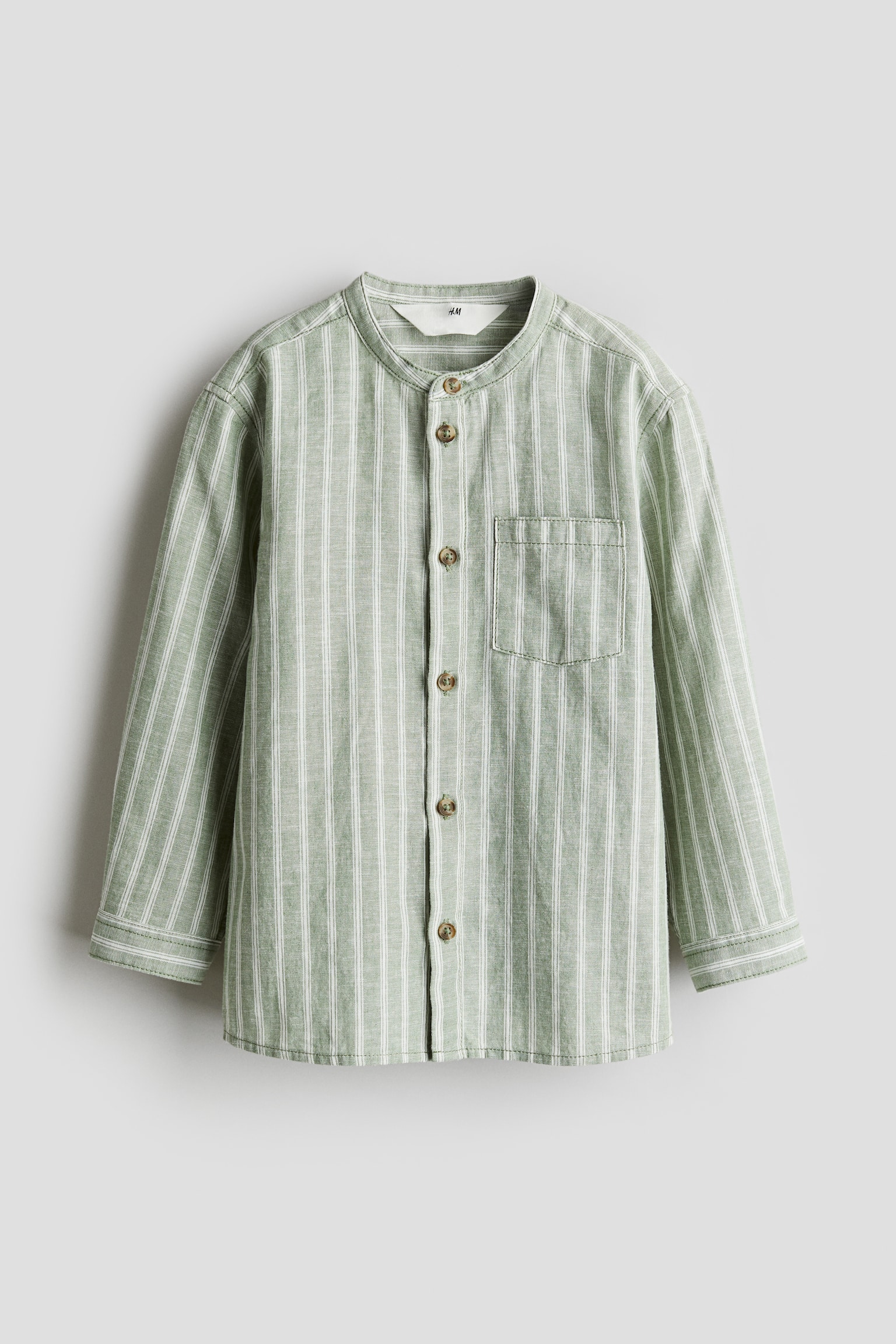 Linen Blend Grandad Shirt - Green/Stripe/Light blue/Stripe/White - 1