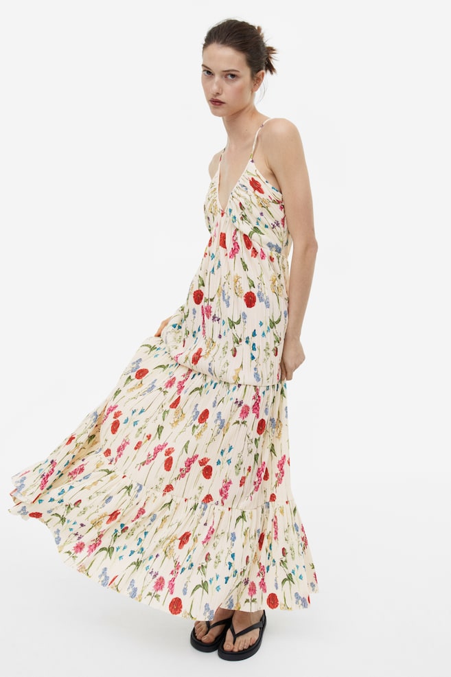 Pleated maxi dress - Cream/Floral/White/Red floral/Green - 4