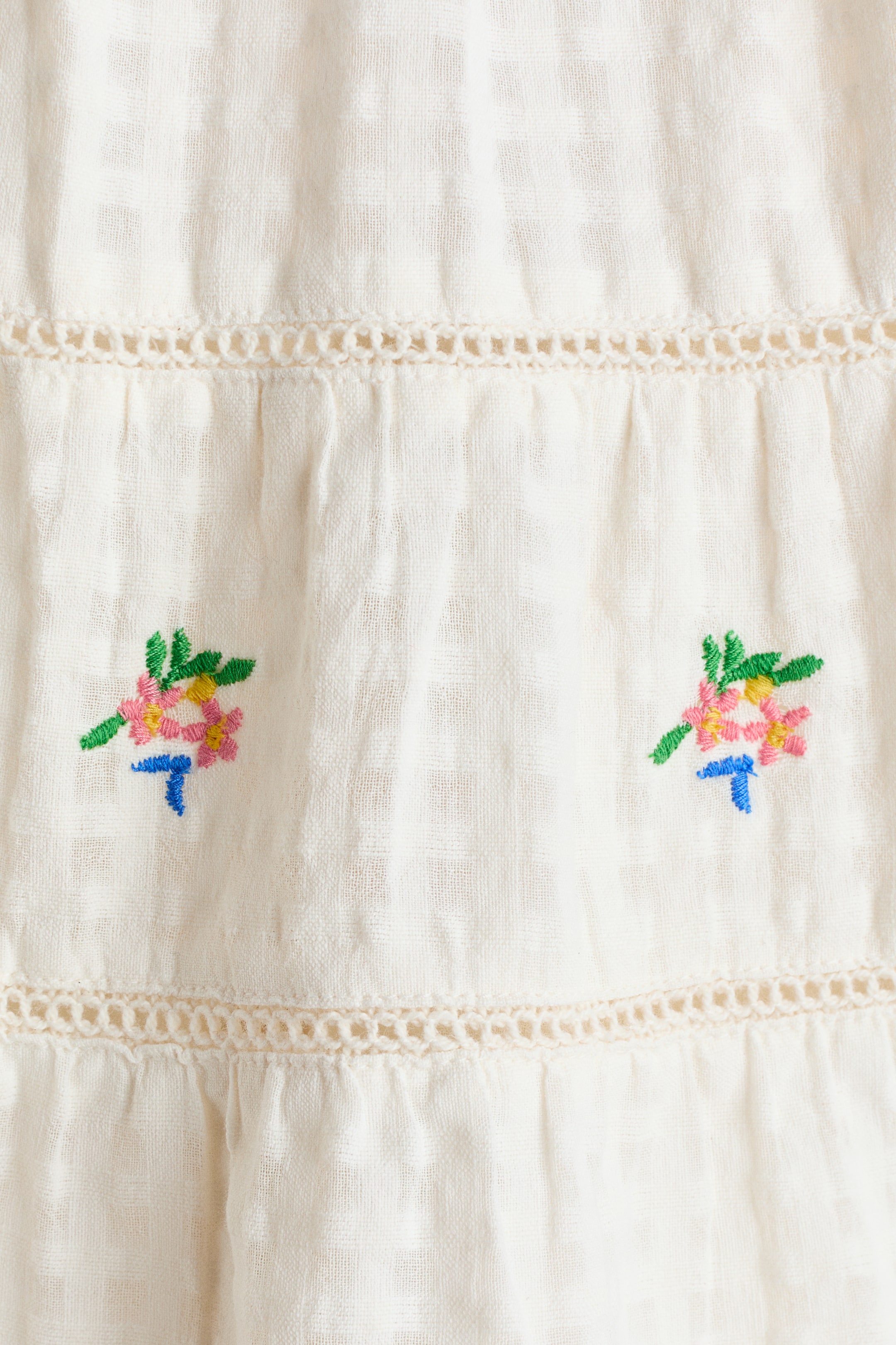 Agrandir l'image: Un tissu de couleur crème, présentant un tissage à carreaux subtil, est agrémenté de rangées horizontales de garniture ajourée et de fronces, créant un design à étages. De petits motifs floraux brodés, mettant en valeur des fleurs roses et jaunes avec des feuilles vertes et des accents bleus, apparaissent sur le tissu.