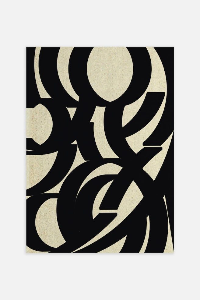 A rectangular art print displays a front view of an abstract composition featuring bold, black overlapping curved and linear shapes. The graphic elements contrast against a textured, light beige background to create a dynamic visual pattern. - 1