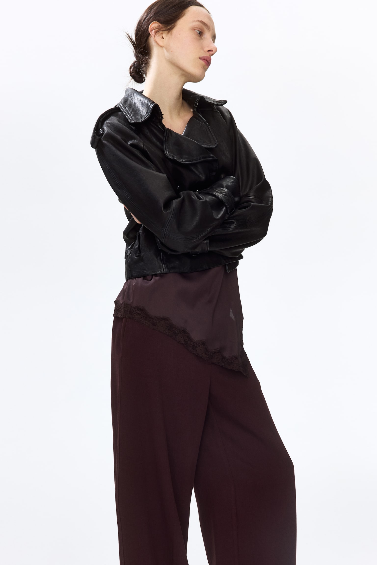 מכנסיים רחבים מתערובת פשתן - בורדו/בז' בהיר/חום כהה - 7