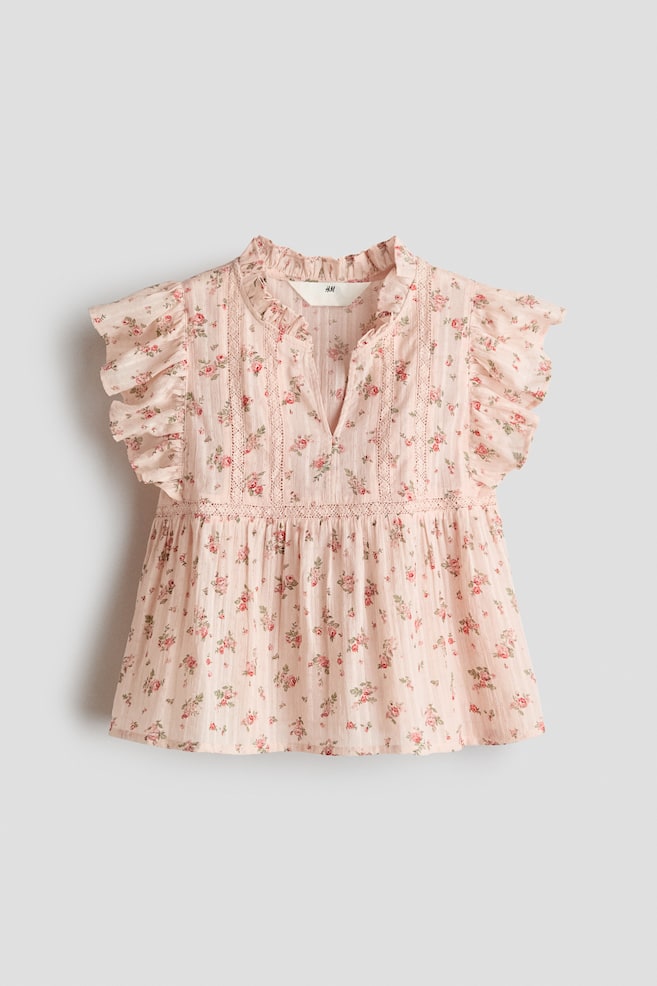 Flutter-Sleeved Cotton Blouse - Light dusty pink/floral/White/blue patterned - 1