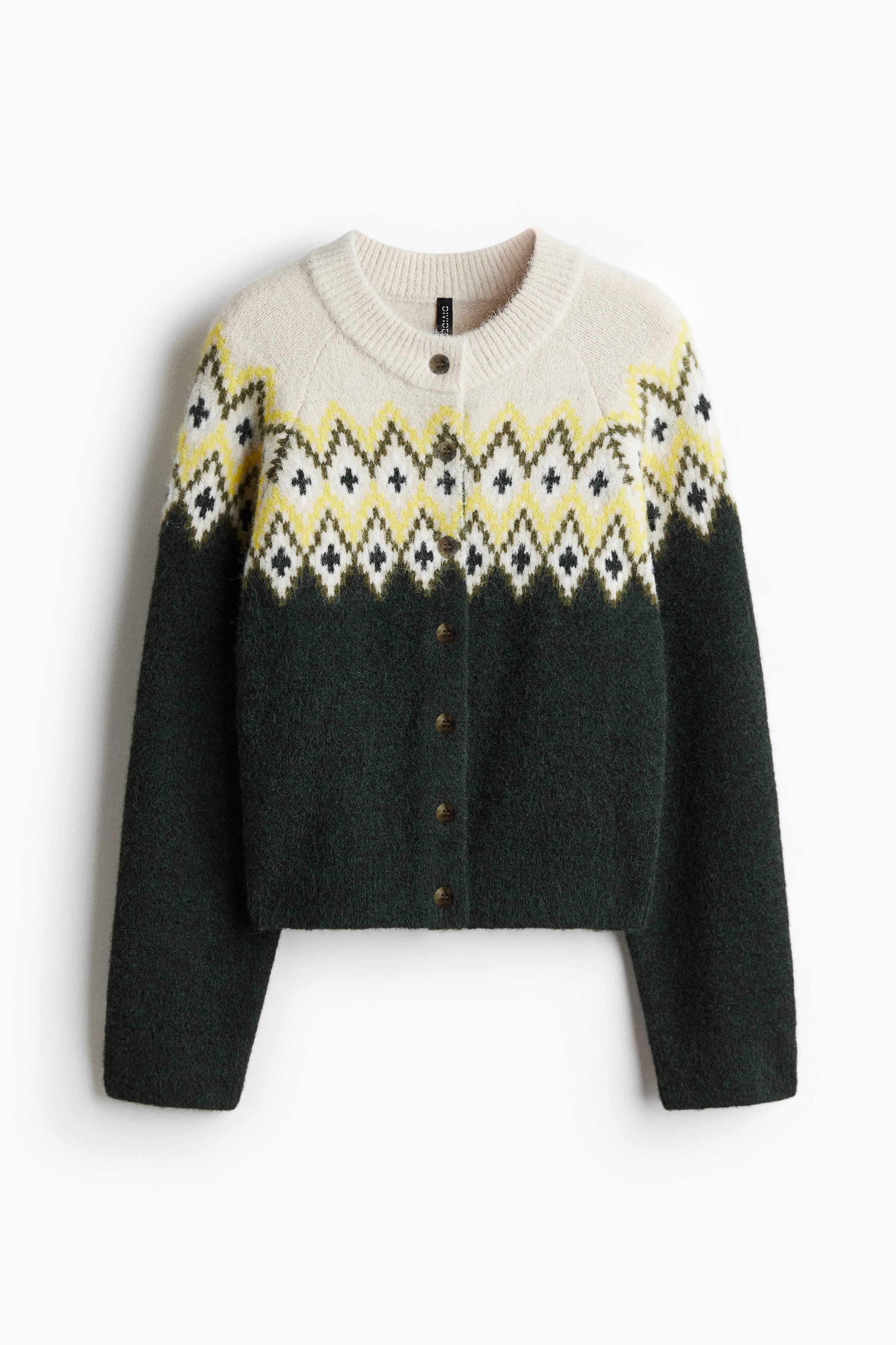Jacquard-knit cardigan - Dark green/Patterned/Bright blue/Patterned