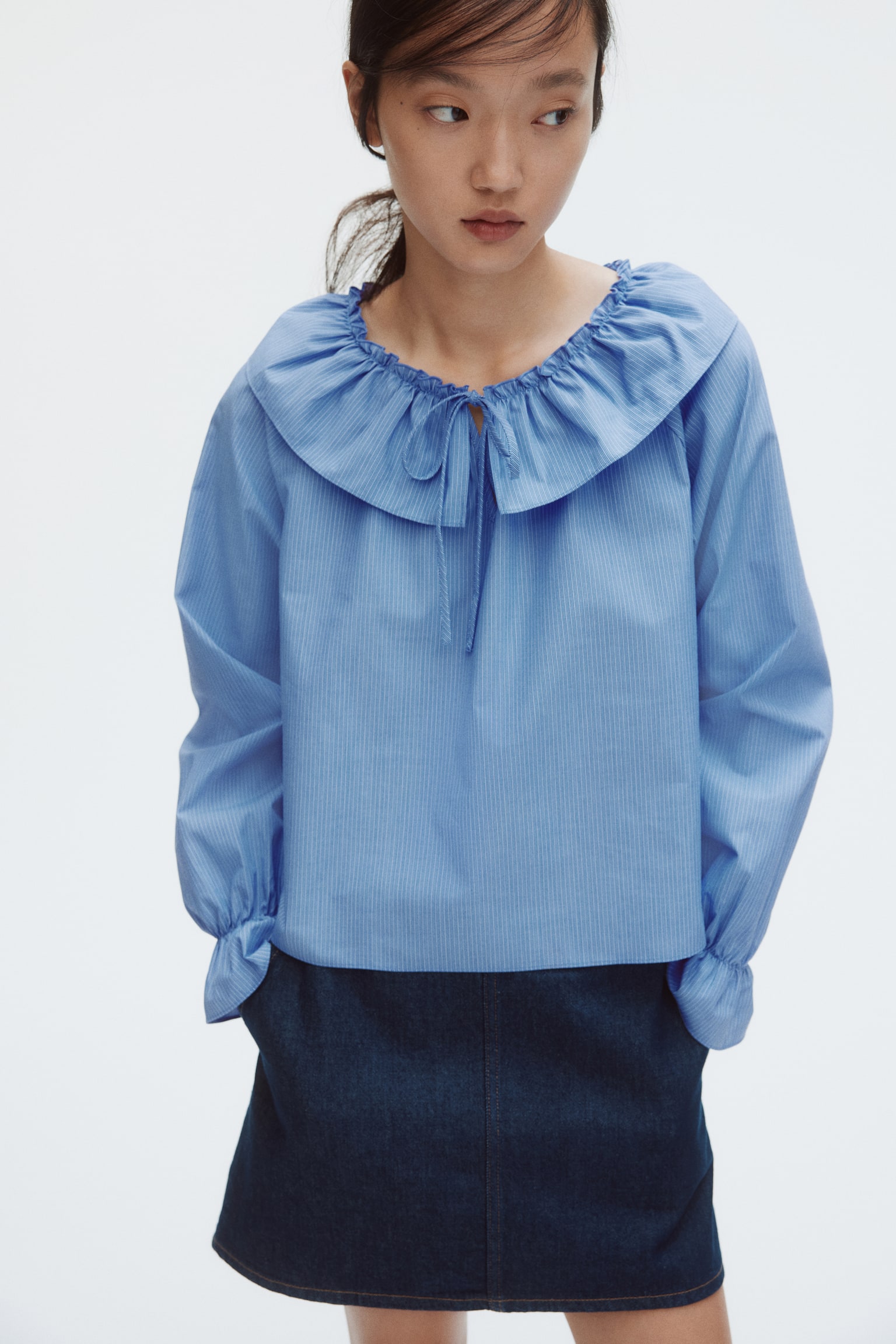 Áo kiểu có cổ Peter Pan - Màu xanh dương/Kẻ - 6