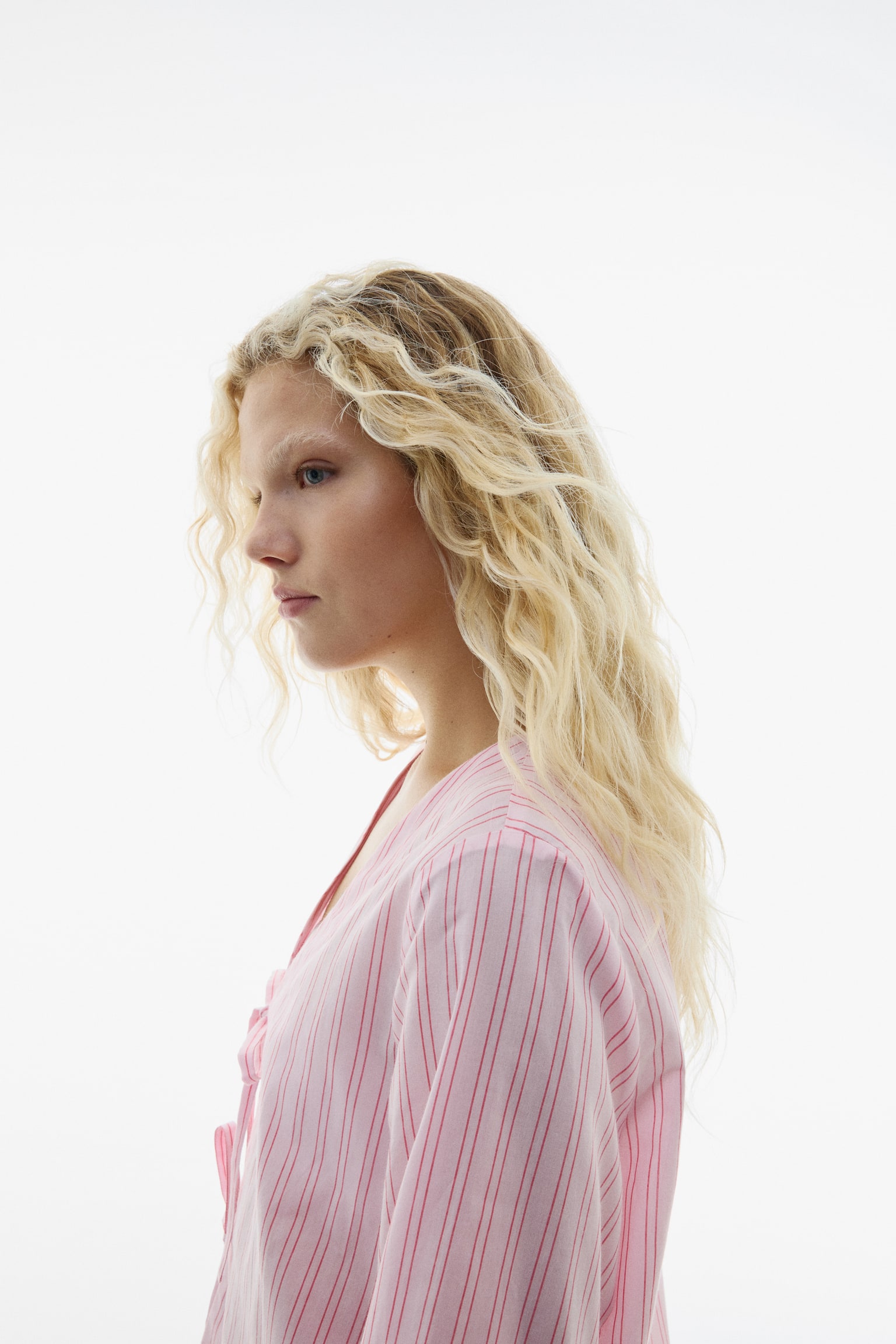 Áo kiểu cotton buộc dây phía trước - Màu hồng nhạt/Kẻ/Màu trắng - 6