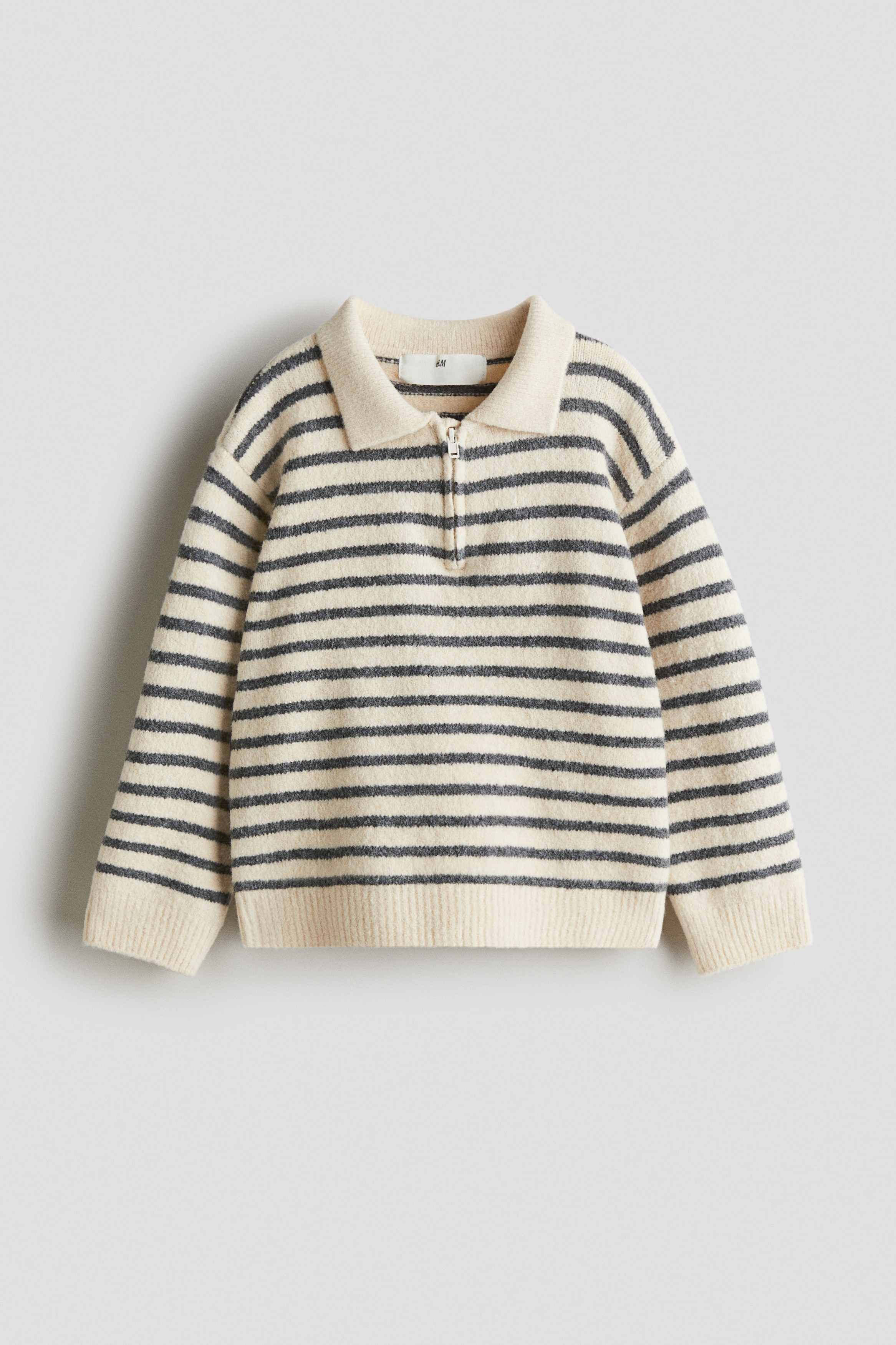 Half-Zip Brushed Polo Sweater - Light beige/striped