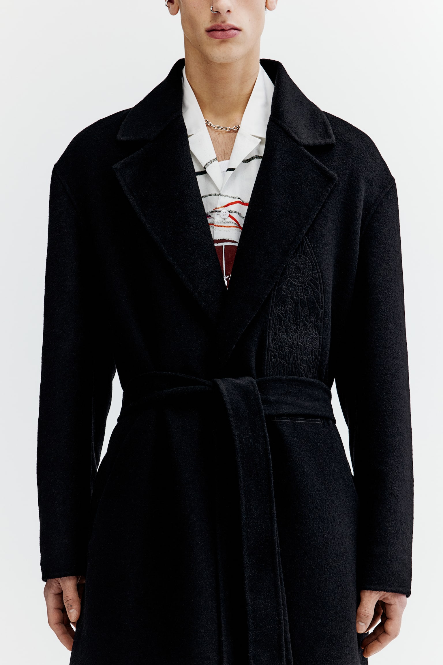 Loose Fit Wool Blend Tie Belt Coat - Black/Basquiat - 7