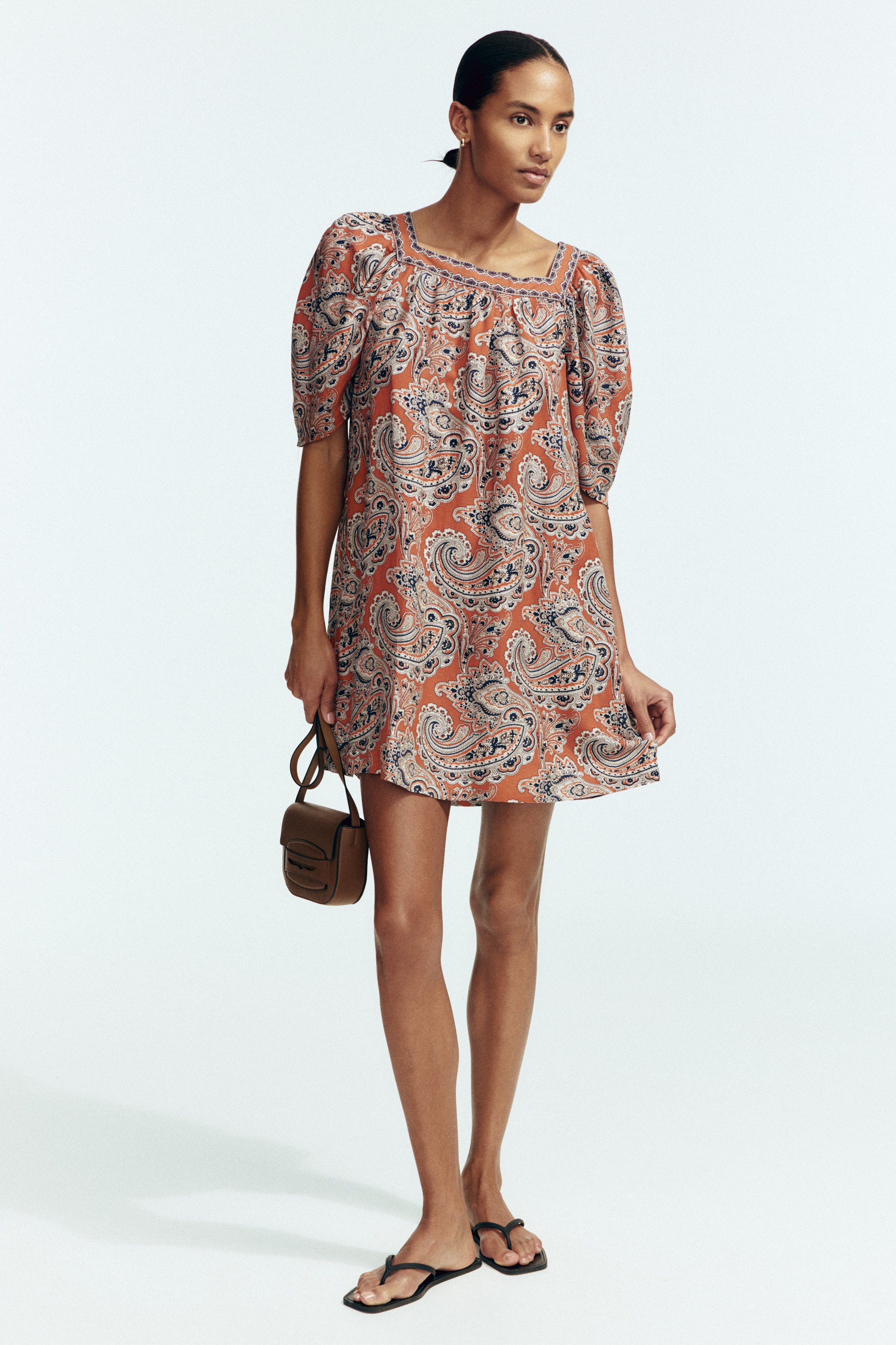 Vestido en mezcla de lino - Anaranjado/Estampado paisley