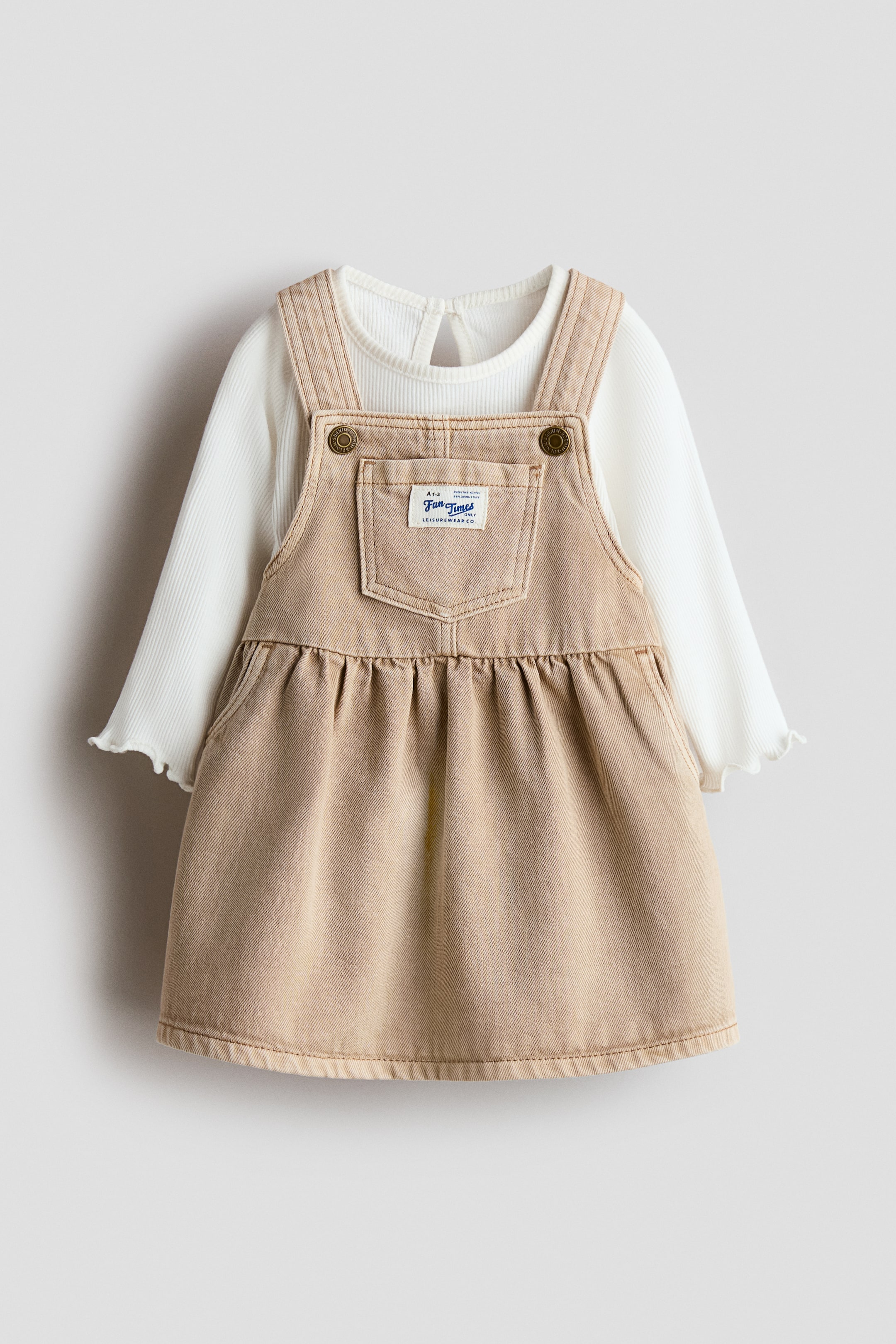 View larger image: 2-piece dungaree dress and top set - Beige/White - Kids | H&M IN 1