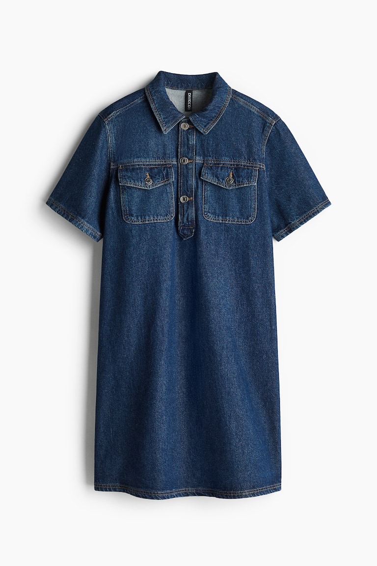 short denim dress h&m Ladies - Denim Blue Flared-Skirt Denim Dress - Size: XXS
