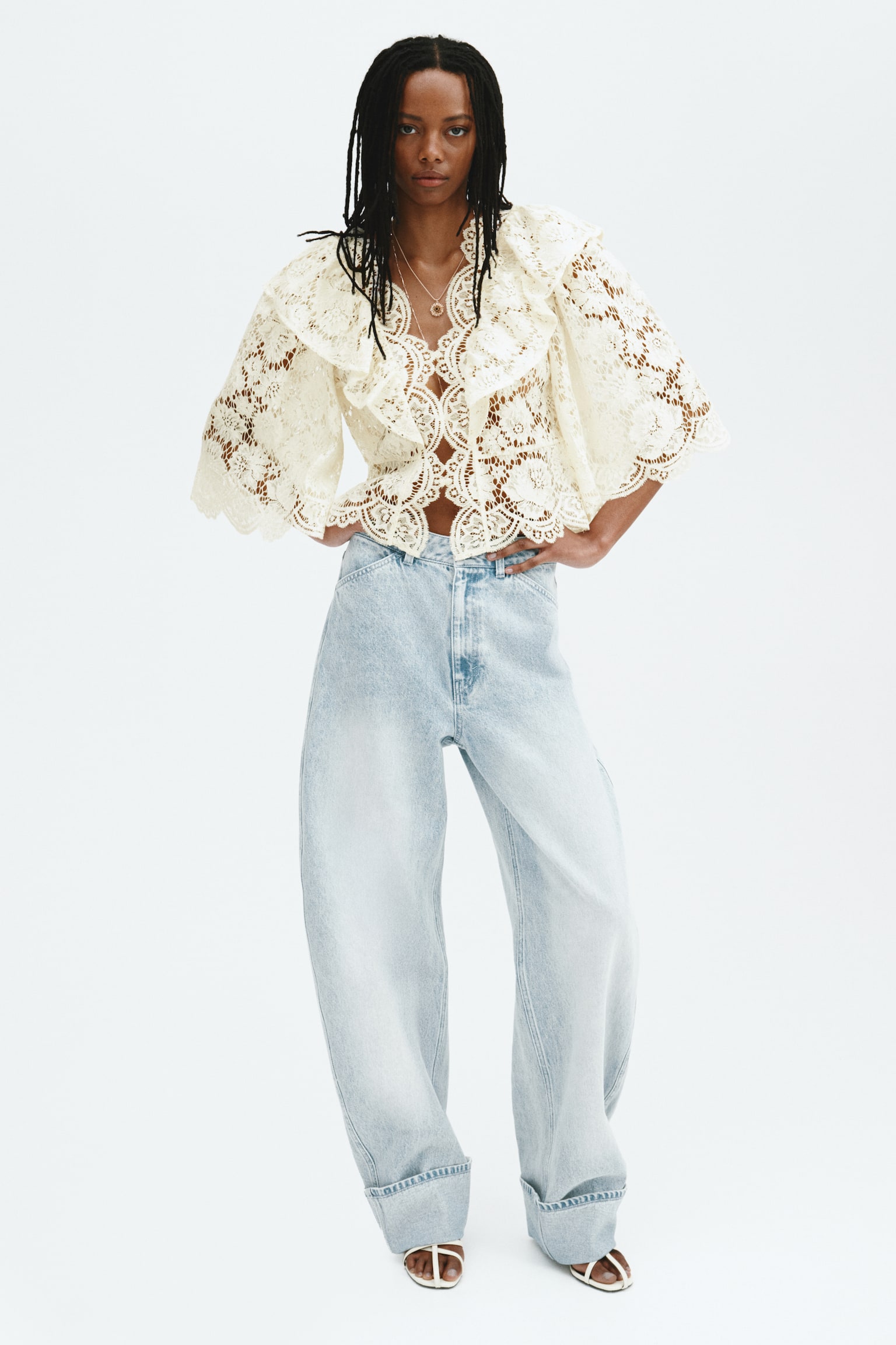 Flounce-trimmed lace blouse - Cream - 1