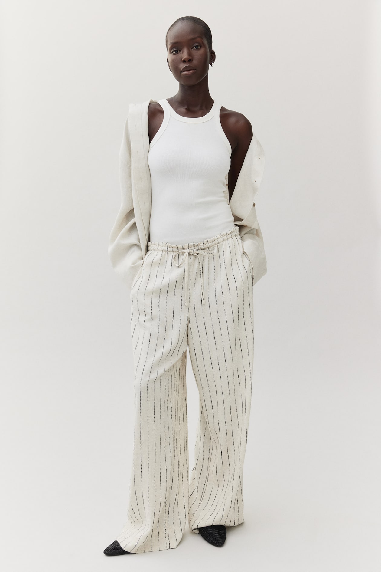 Wide-leg Linen-blend Pants - High waist - Long - Light beige/striped ...