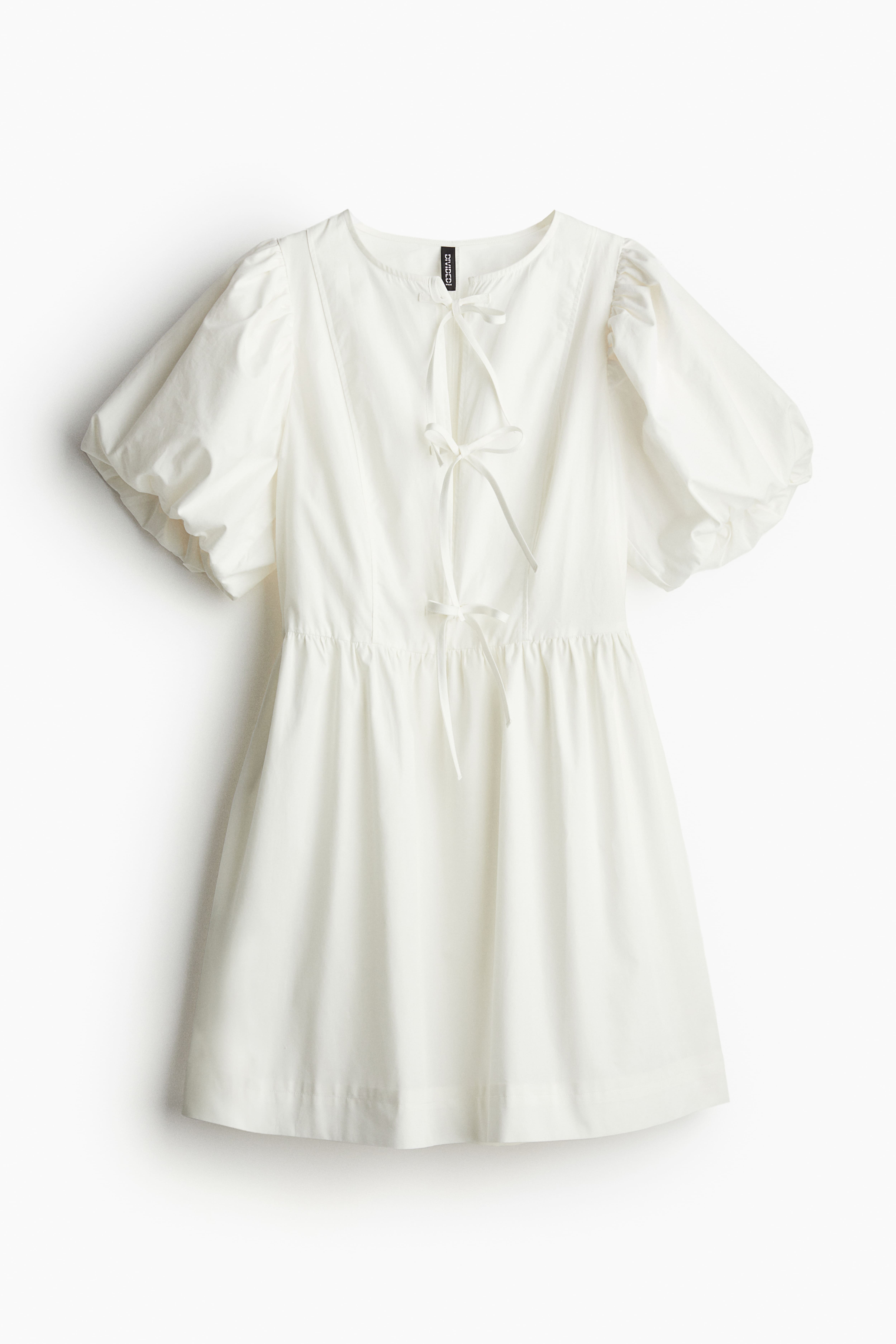 Tie-detail Puff-sleeved Dress - Round Neck - Short sleeve - Cream - Ladies  | H&M US