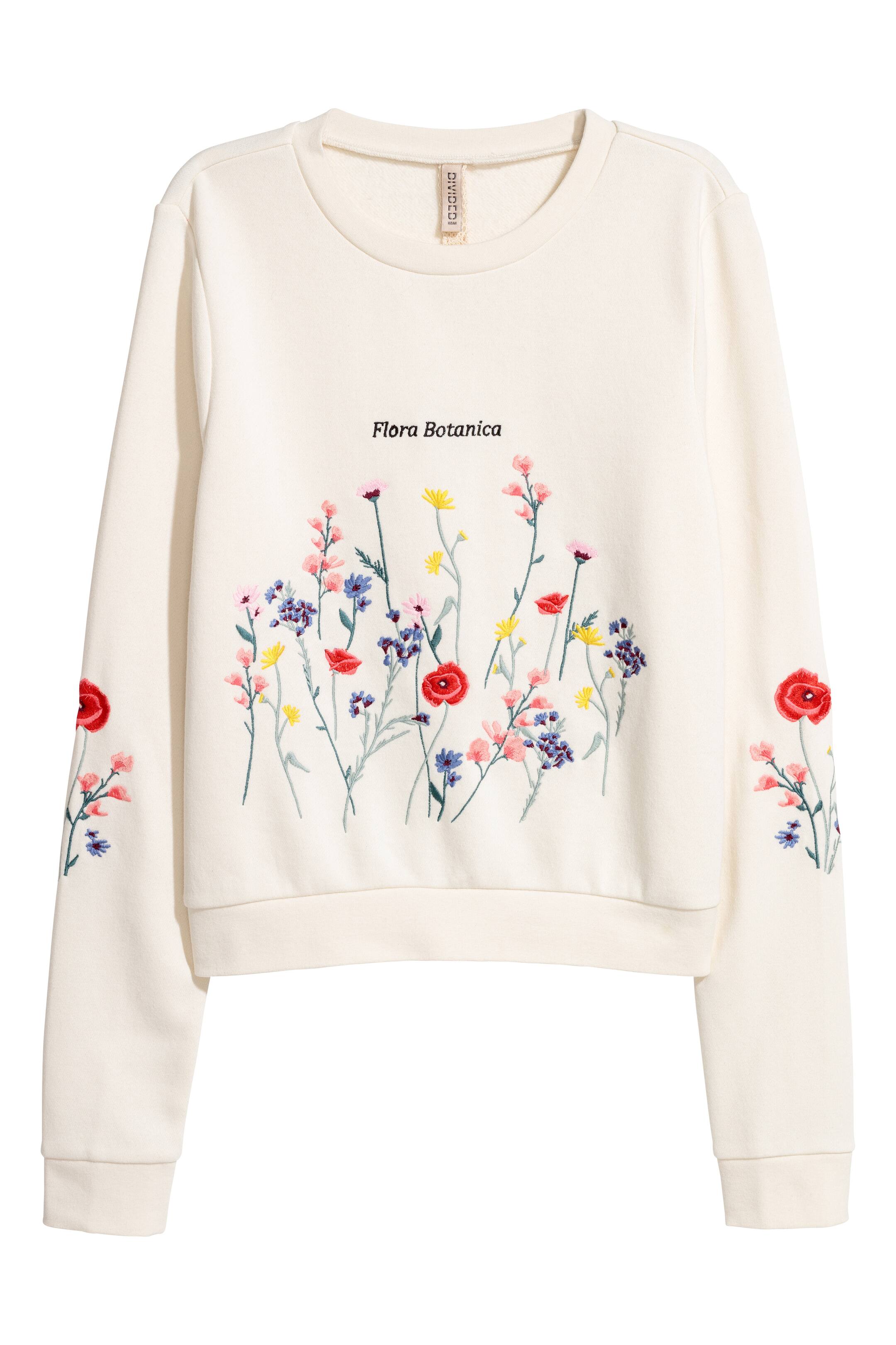 Embroidered sweatshirt - Long sleeve - Cream/Flowers - Ladies | H&M GB