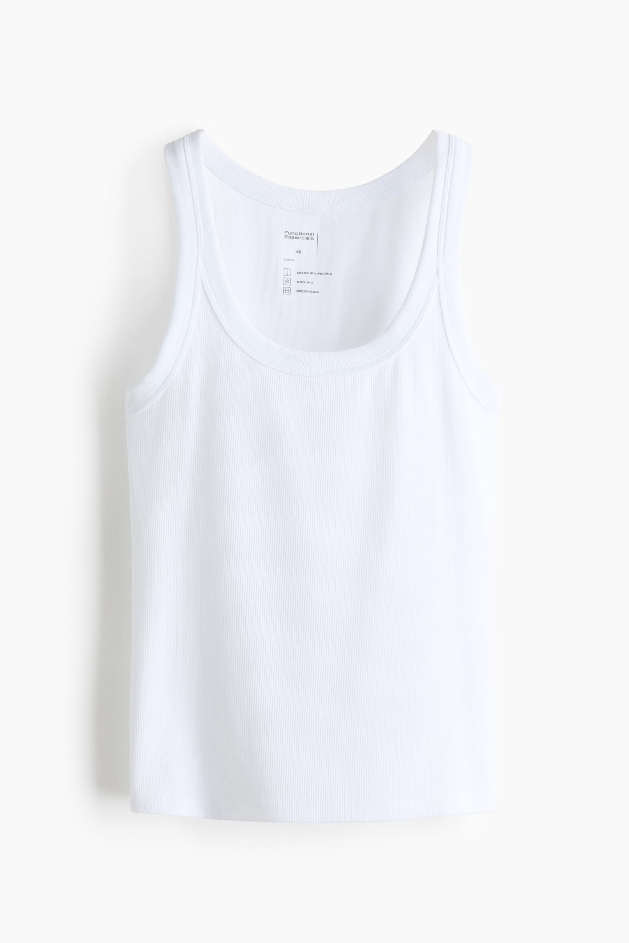 View larger image: "A white ribbed knit tank top is showcasing its front, highlighting a scoop neckline and wide shoulder straps. A white printed label is visible at the back neck."