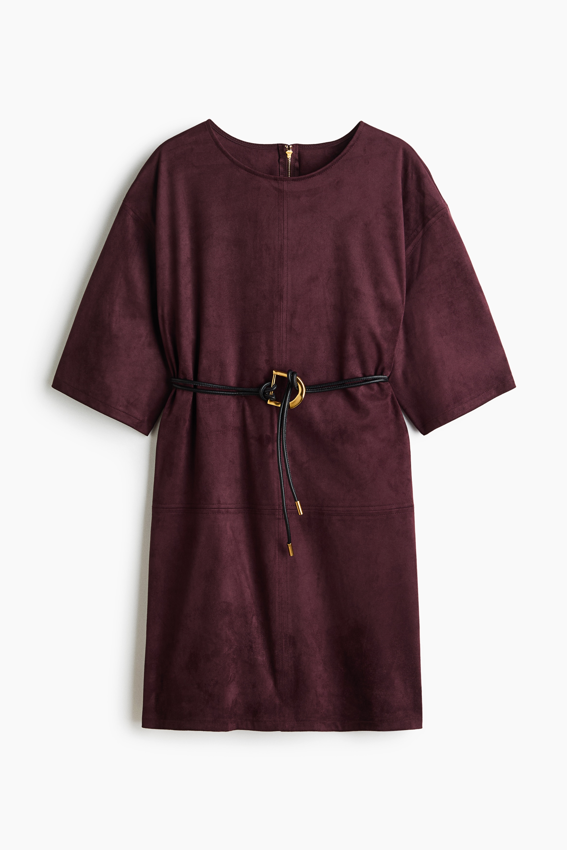 Robe en tissu gratté avec ceinture - Violet foncé/Brun foncé