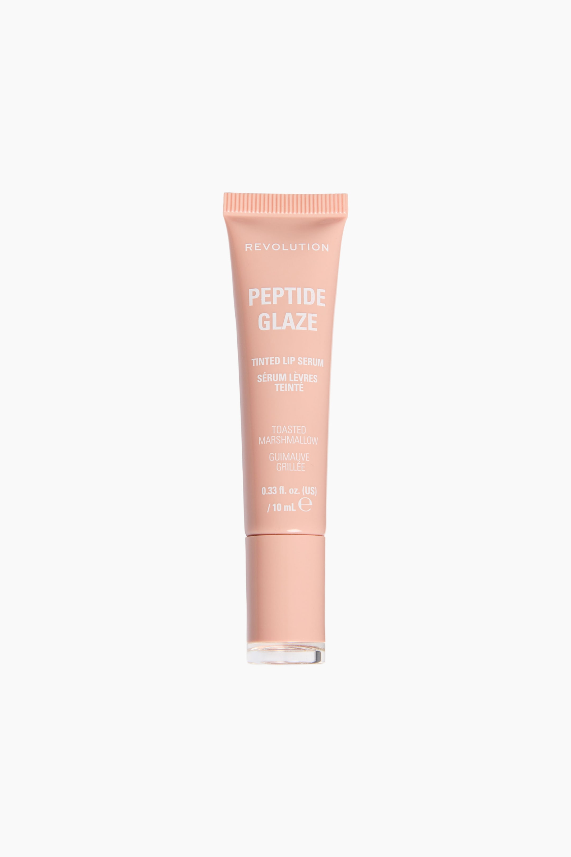 Visa större bild: Peptide Glaze Tinted Lip Serum står upprätt och vänd framåt, vilket framhäver en persikofärgad klämbar tub med krusad topp och ett matchande cylindriskt lock. Vit tryckt text på framsidan av tuben visar varumärket ”REVOLUTION” och nyansnamnet ”TOASTED MARSHMALLOW” samt andra produktdetaljer.
