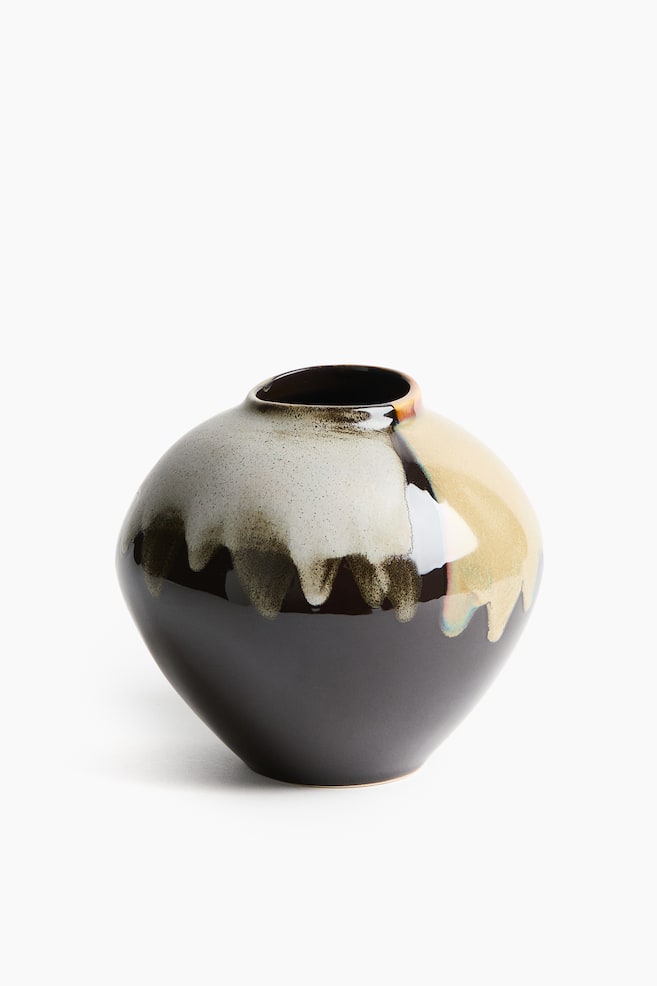 Irregular stoneware vase - Dark brown/Patterned/Light yellow/White - 1
