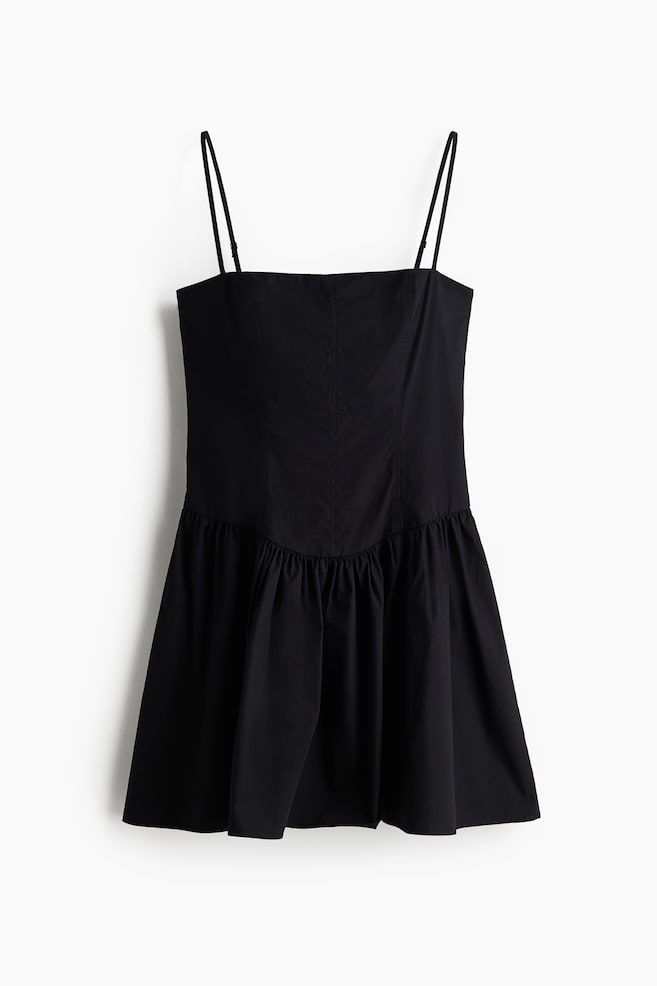 Cotton Strappy Dress with Flared Skirt - Black/White/floral/Blue/floral - 1