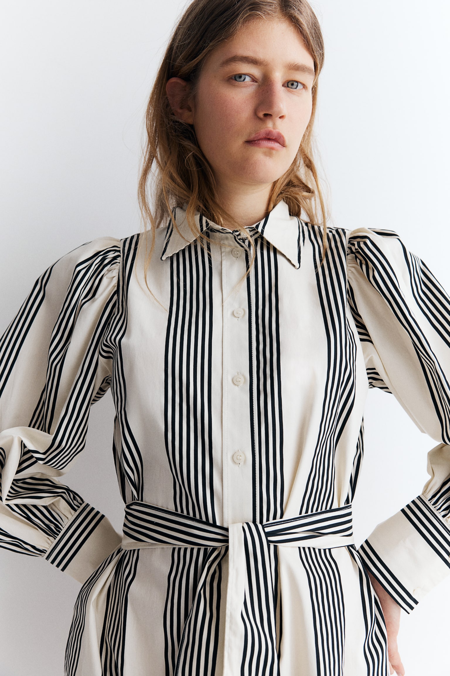 Tie Belt Shirt Dress - Cream/Stripe - 4