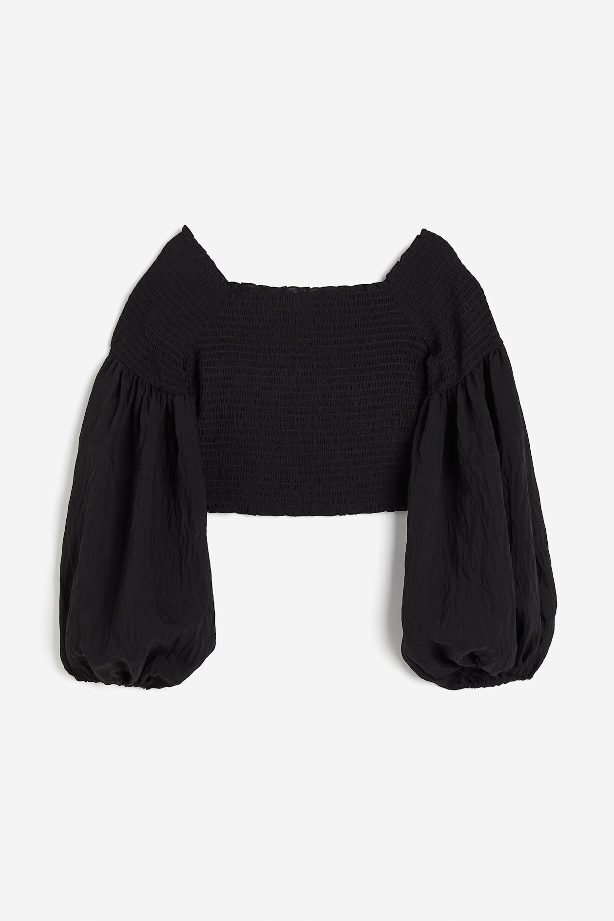 Gesmoktes Off-Shoulder-Shirt - Langarm - Cropped - Schwarz  