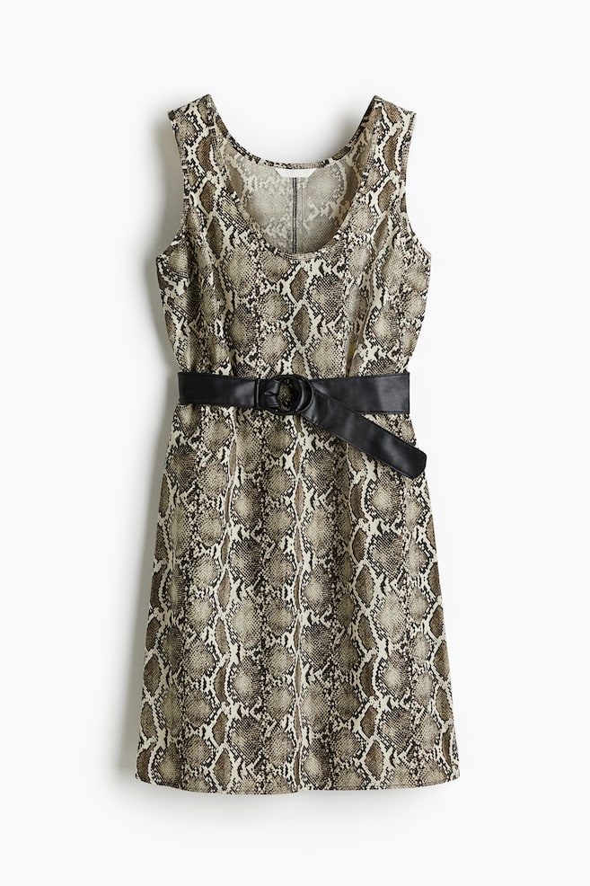 Belted Dress - Light beige/snakeskin pattern - 1