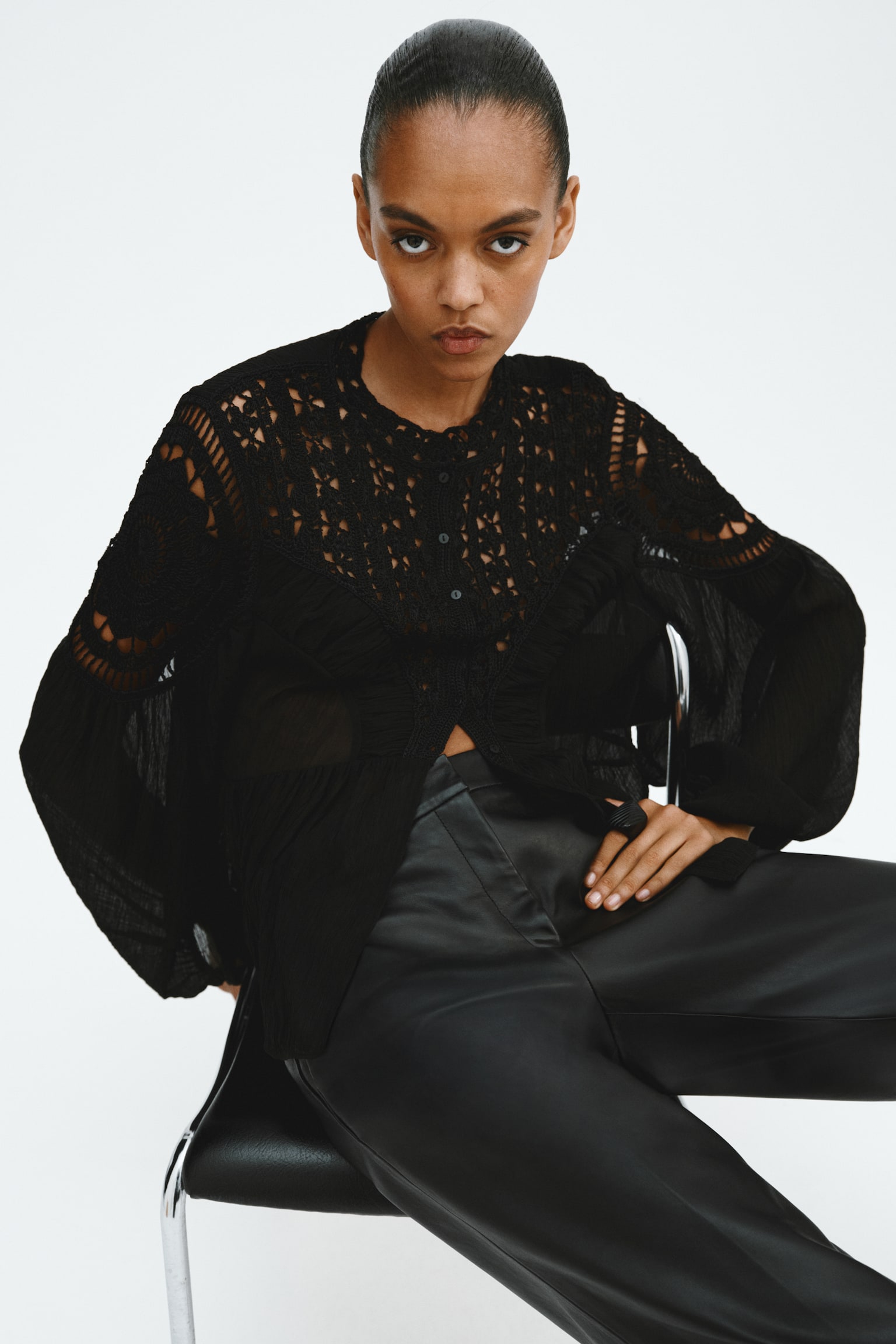 Crochet-look blouse - Black - 5